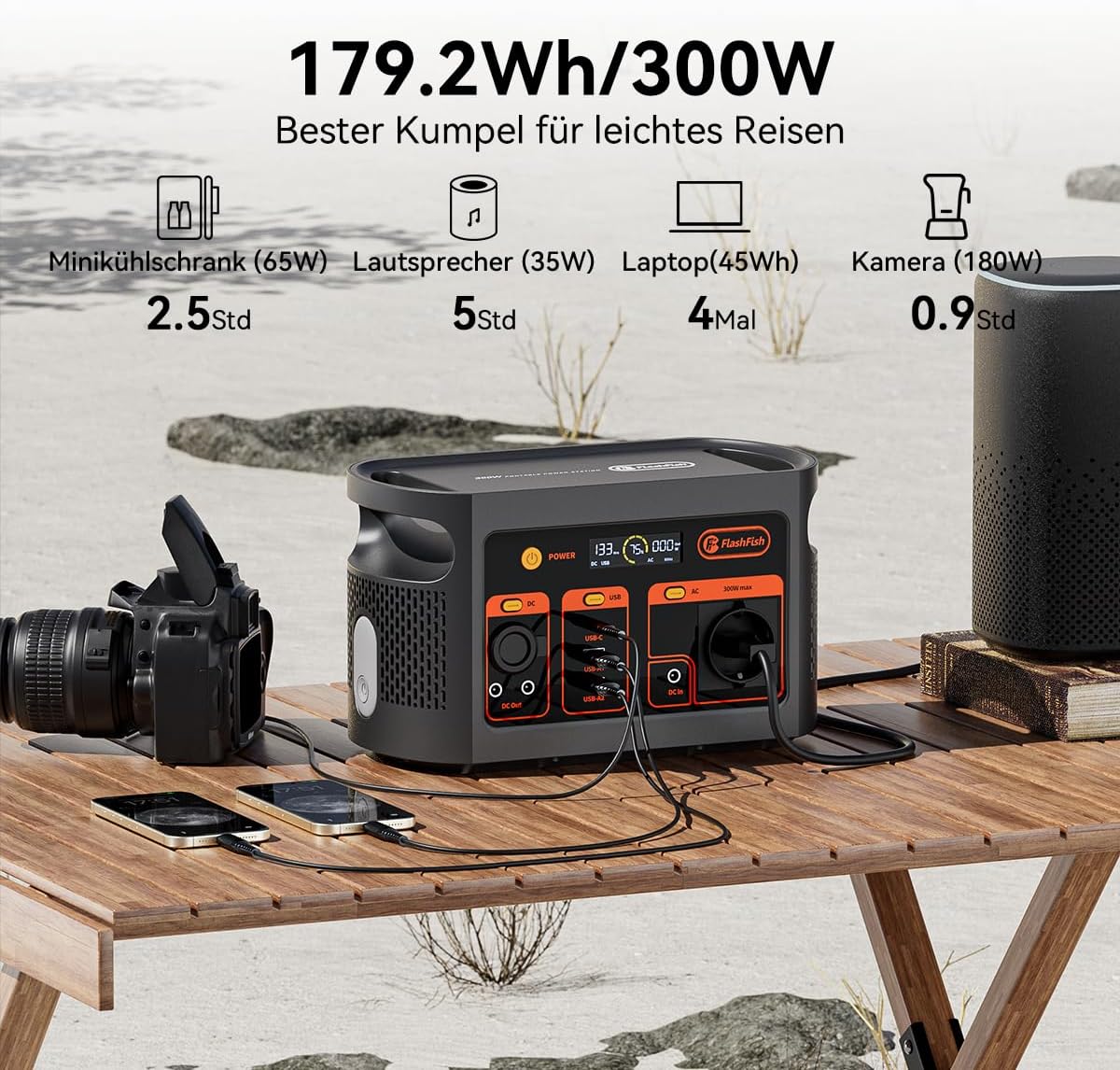 FlashFish 300 W tragbares Kraftwerk mit Solarpanel 100 W, 179,2 Wh LiFePO4-Akku, Schnellladung 0–80 % in 1 Stunde, EPS-Funktion, multifunktionaler Solargenerator für Camping, Outdoor, Reisen, Notfälle – Bild 2