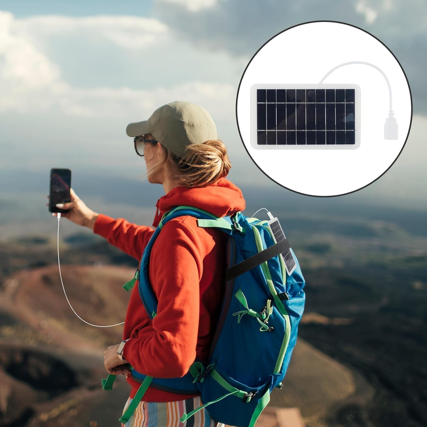 Tragbares 2 W 5 V Solarpanel mit USB, Anschluss für Reisen, Solar-Ladegerät für Mobiltelefon, Powerbank, IP65 wasserdicht, ideal zum Wandern, Camping, Outdoor – Bild 5
