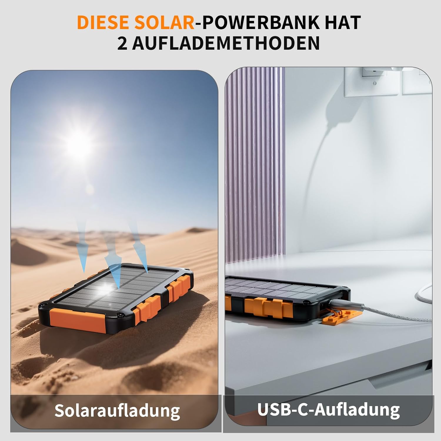 Solar Power Bank 10000 mAh PD 15 W Tragbares Solarladegerät USB C Outdoor Wasserdichter externer Akku mit LED-Licht und 3 Ausgängen für Tablets Smartphones Outdoor Camping Orange – Bild 4