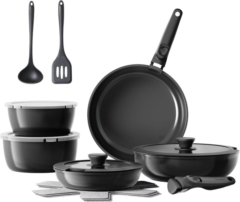 Redchef Pfannen-Set, 16-teilig, mit abnehmbaren Griffen, Antihaft-Keramik-Kochgeschirr-Set, Pfanne 20 + 26 cm, tiefe Bratpfanne 26 cm, Topf 18 + 20 cm, stapelbares Topf-Set für alle Herdarten, ofenfest