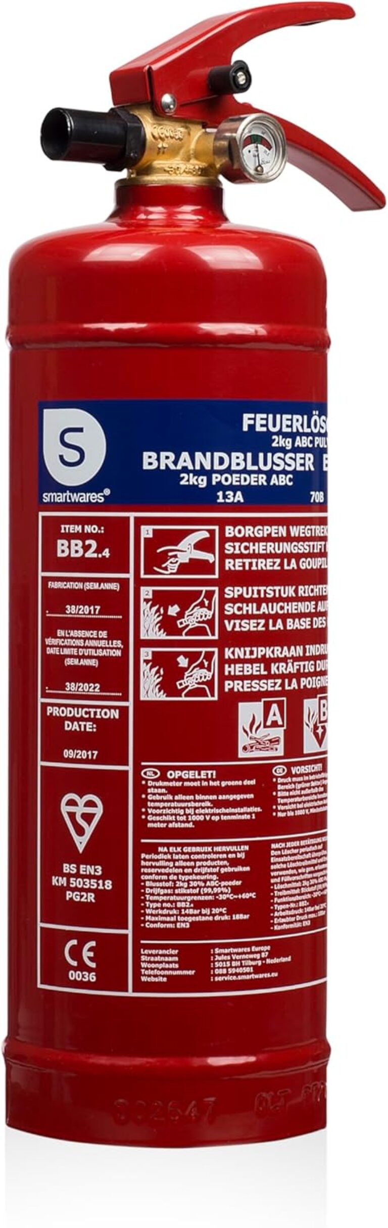 Smartwares Pulverlöscher – 2 kg – für ABC-Brände – mit Halterung – FEX-15127