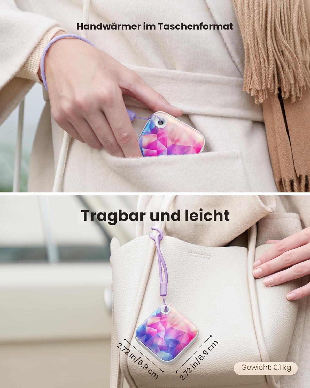 Gaiatop Elektrischer Handwärmer, 3 Heizstufen, 4000 mAh, doppelseitiger Taschenwärmer, wiederverwendbar mit Licht/Gurt, niedlicher Handwärmer in Handflächengröße, USB-Heizung, Geschenke für Winter-Gadgets – Bild 6