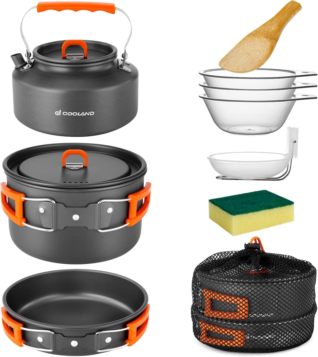 Odoland Camping-Kochgeschirr-Set, 10-teiliges Outdoor-Geschirr-Set mit Campingtopf, Camping-Bratpfanne und Teekannen für Camping, Outdoor, Kochen, Wandern, Reisen