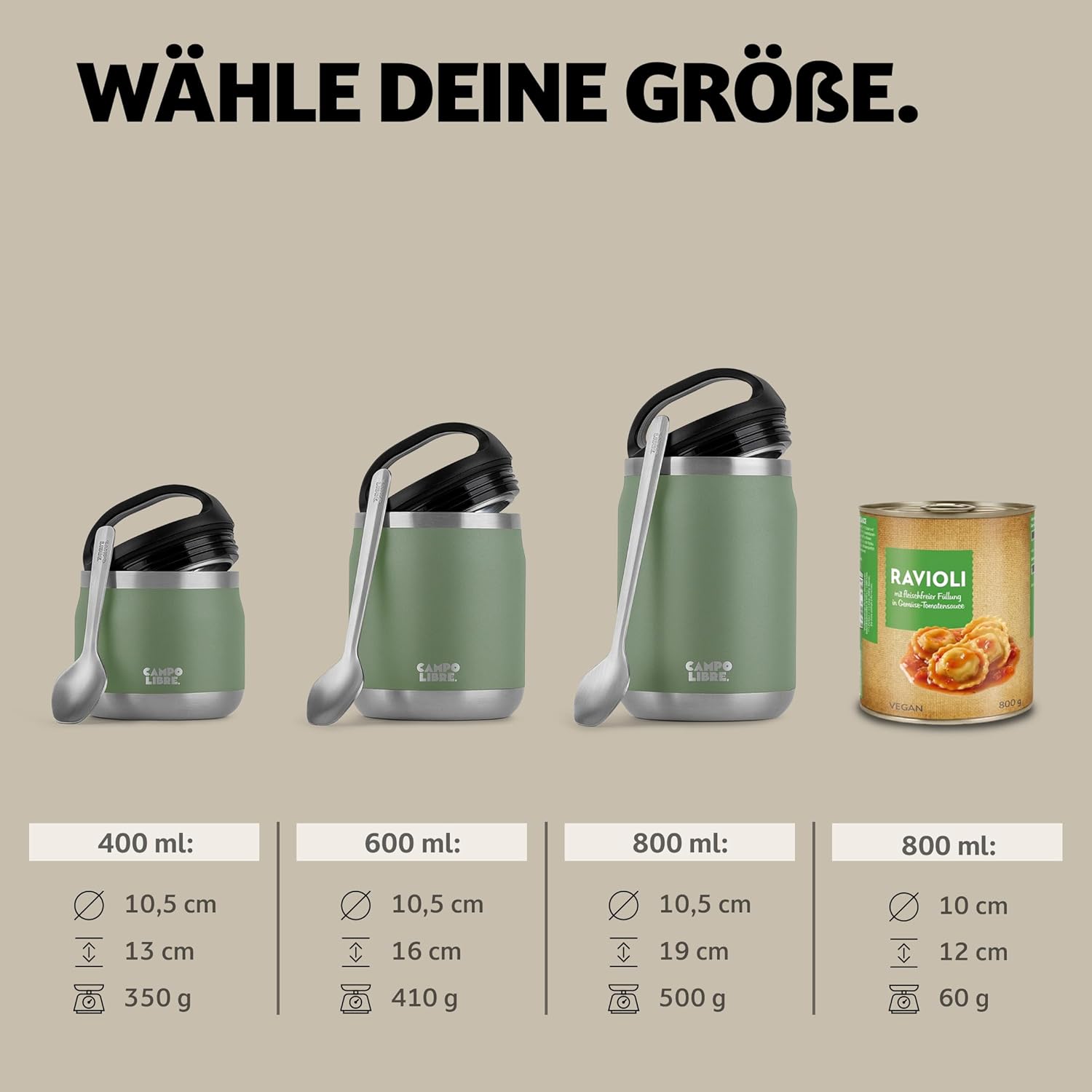 Campo Libre. Lotta, Thermobehälter für Lebensmittel, Edelstahl-Thermobecher Essen mit Löffel, Warmhaltebehälter, Müslibecher oder Babybrei, Warmhaltebox, Thermo-Speisebehälter, grün, 600 ml – Bild 11