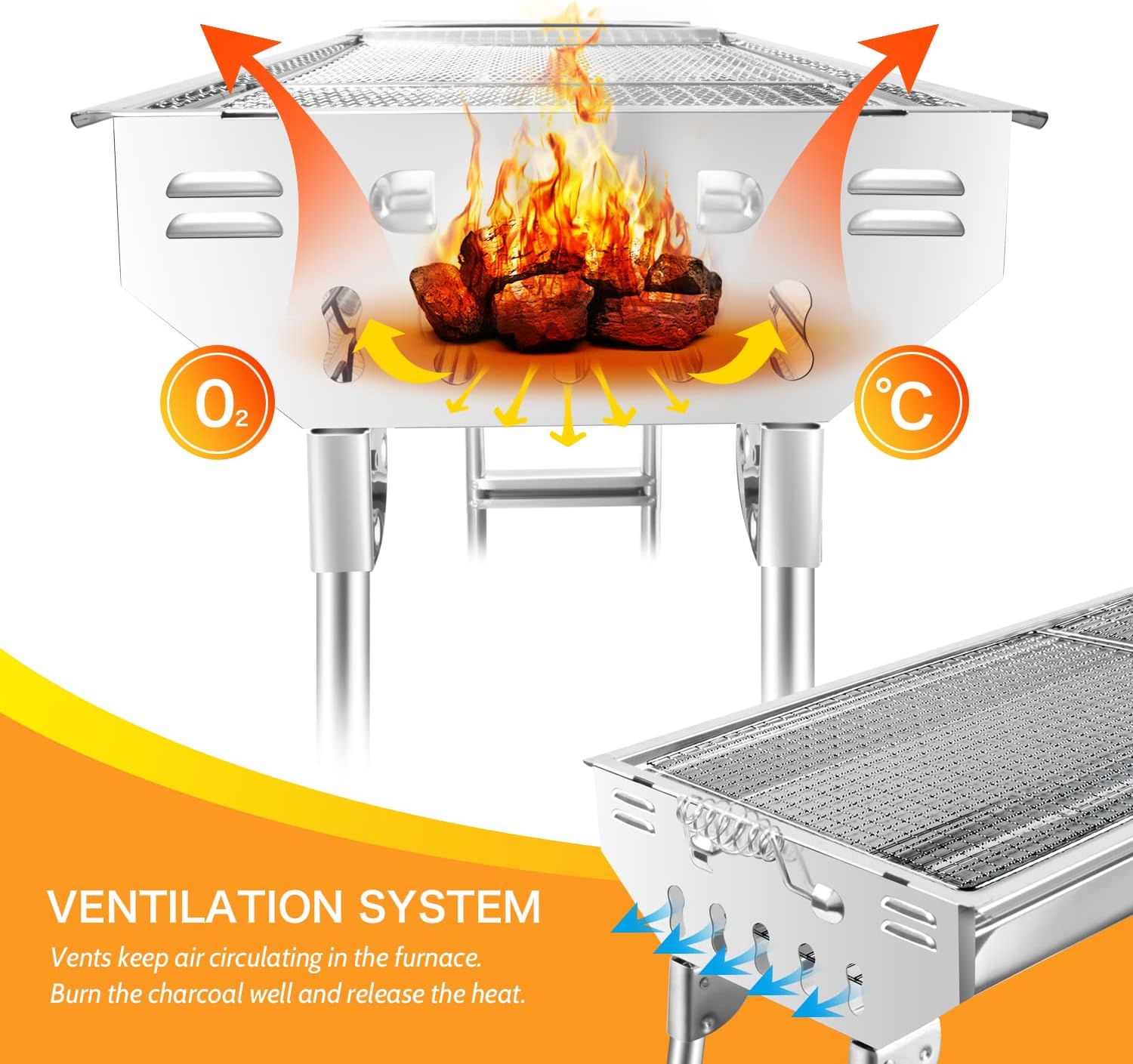 Holzkohlegrill, Edelstahl, Außengrill, Klappgrill, Campinggrill, tragbar, 74 x 33,5 x 71,5 cm – Bild 6
