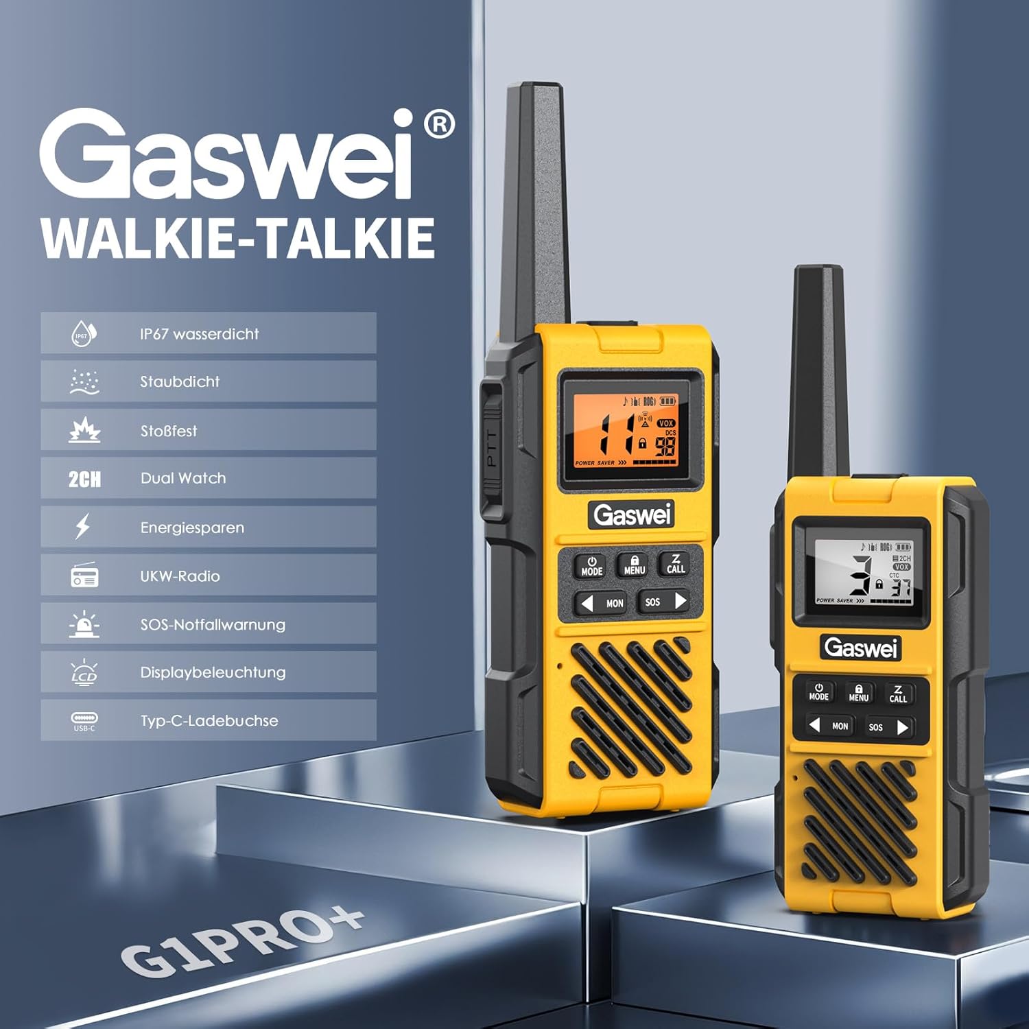 G1pro+ IP67 wasserdichte Walkie-Talkies mit großer Reichweite für Erwachsene, langlebiges Radio mit UKW-Radio, VOX, SOS-Alarm, USB-C-Aufladung für Baustelle, Reisen, Outdoor-Abenteuer, Camping – Bild 2