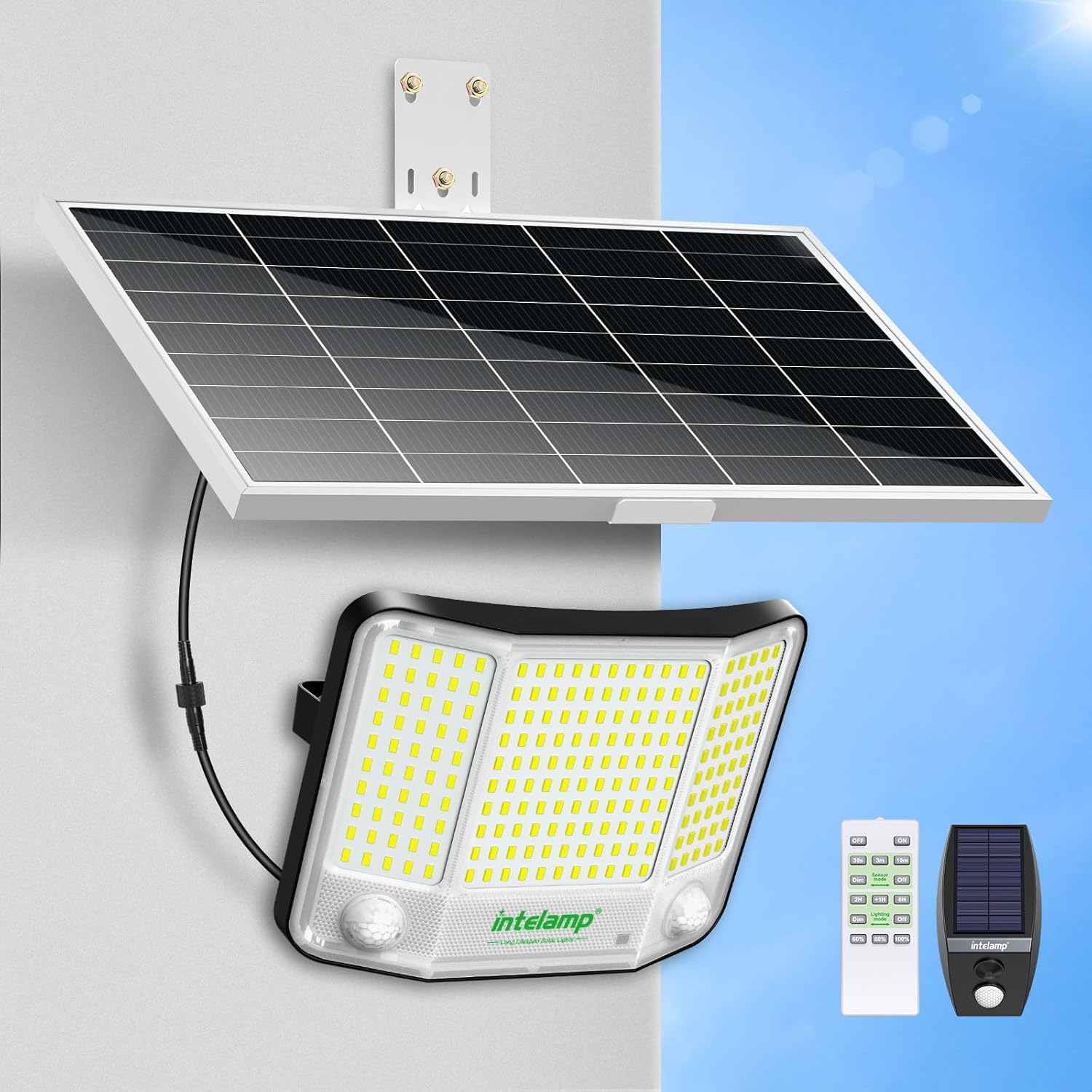INTELAMP Solarleuchten für den Außenbereich mit Bewegungsmelder mit Fernbedienung, 4000LM Solarstrahler Außen 6500K Straßenlaterne Wandleuchte mit Bewegungsmelder Sensor Außenwegleuchte Außenstraßenlaterne