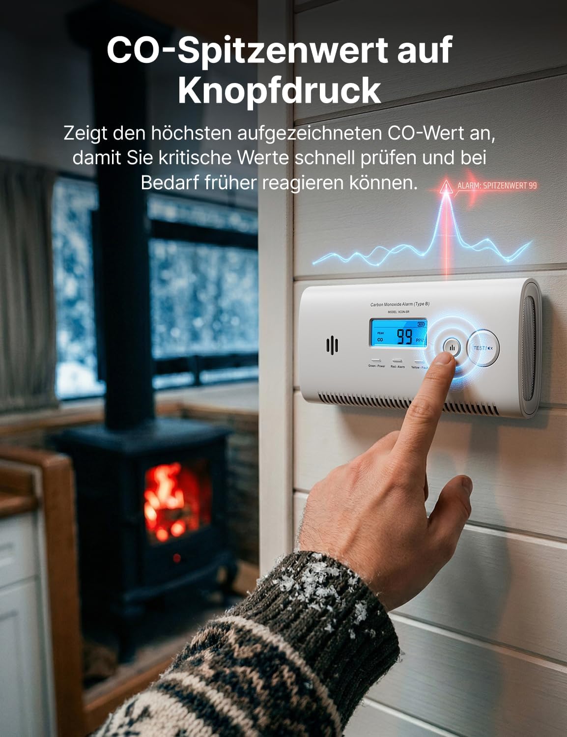 X-Sense XC0N-SR Tragbarer Kohlenmonoxidmelder für Wohnmobile, CO-Melder mit austauschbaren Batterien, LCD-Display und Peak-Speicher, 1 Stück – Bild 6