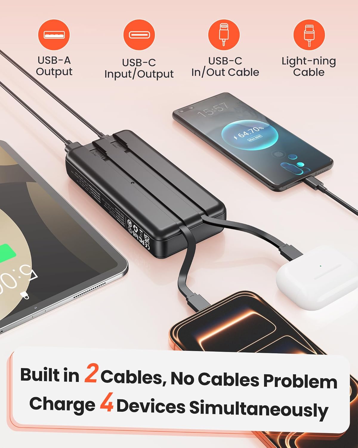 27000-mAh-Solar-Powerbank, Powerbank mit 2 Kabeln, 22,5-W-Schnelllade-Powerbank, tragbares Ladegerät, geeignet für Smartphones – Bild 5