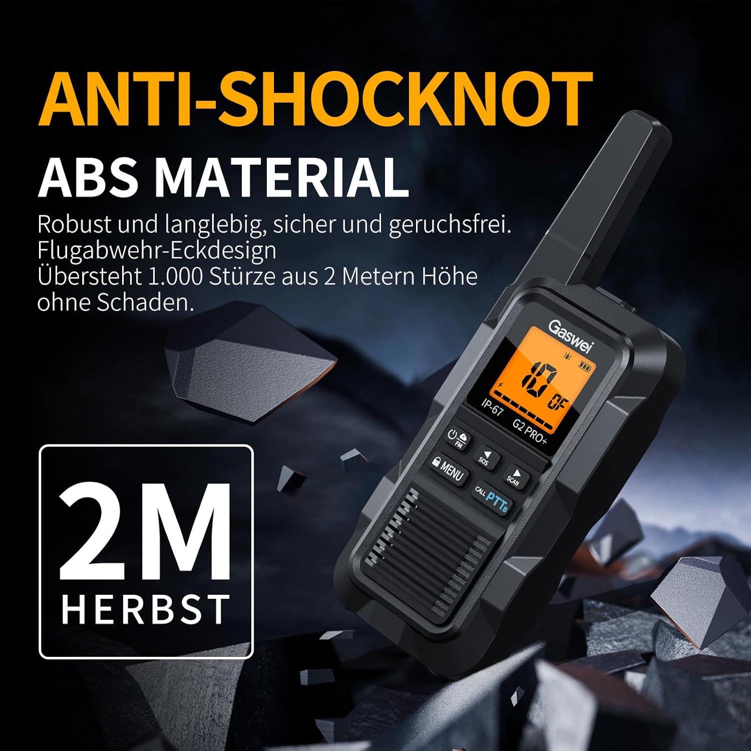 Gaswei G2Pro Professionelle Walkie-Talkies für Erwachsene (IP67 wasserdicht & schwimmfähig), Langstreckenradio mit Doppel-PTT, VOX, SOS-Alarm, UKW-Radio + Akku für den Außenbereich, 2er-Set in Schwarz – Bild 5
