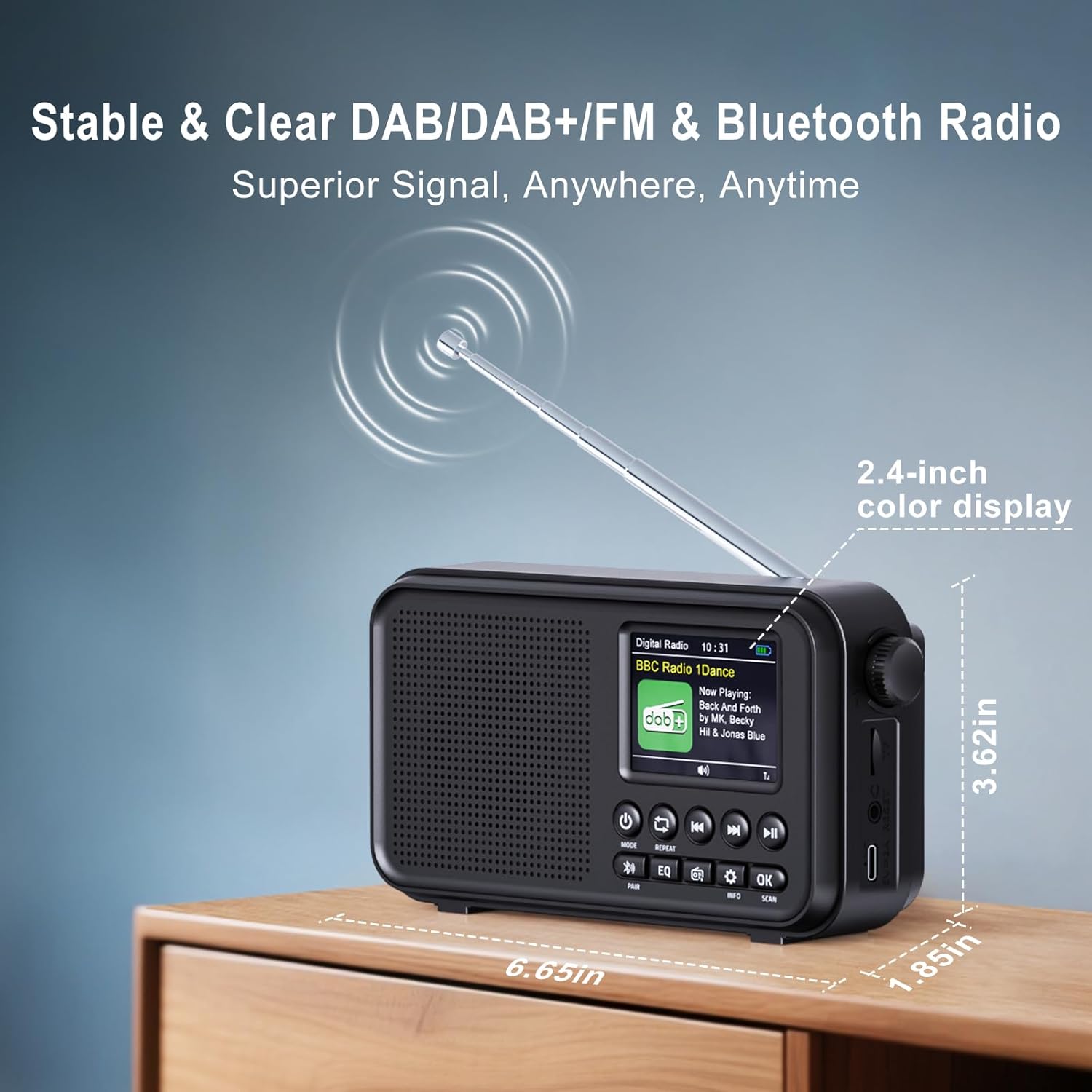Tragbares DAB/DAB+-Radio, UKW-Digitalradio mit 3000-mAh-Akku, wiederaufladbares UKW-Radio mit Bluetooth 5.0, EQ-Modi, 80 Speicherplätze, 2,4-Zoll-Farbdisplay, Sleep-Timer, 3,5-mm-AUX-Anschluss – Bild 2
