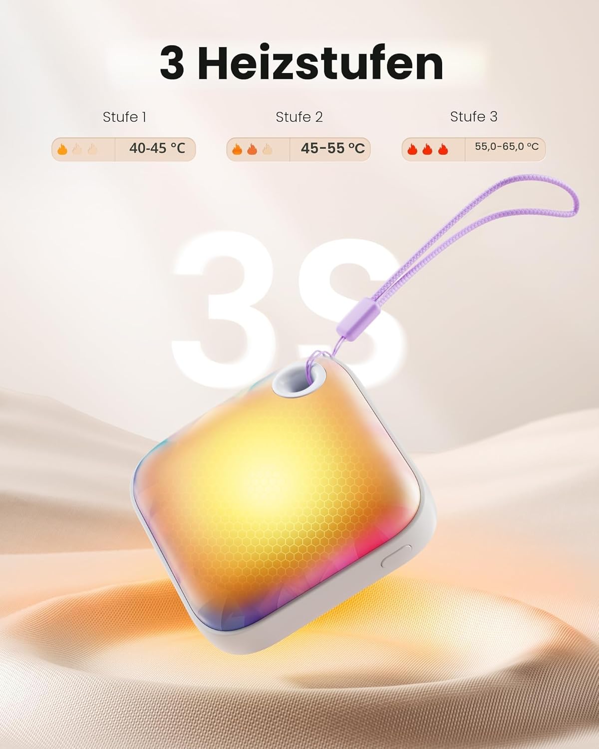Gaiatop Elektrischer Handwärmer, 3 Heizstufen, 4000 mAh, doppelseitiger Taschenwärmer, wiederverwendbar mit Licht/Gurt, niedlicher Handwärmer in Handflächengröße, USB-Heizung, Geschenke für Winter-Gadgets – Bild 4