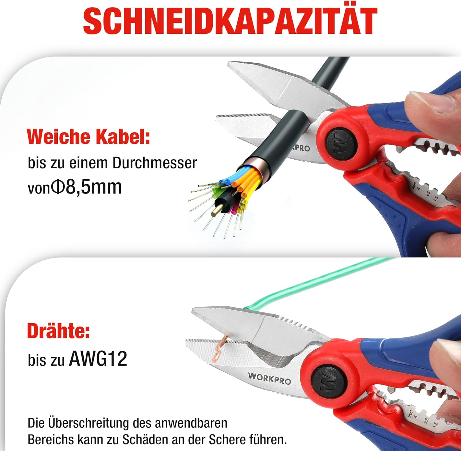 WORKPRO Elektrikerschere, Kabelschere, Universalschere, Multischere mit Abisolierzange, multifunktionale Edelstahlschere mit Gürtelclip, 163 mm, Universalschere – Bild 3