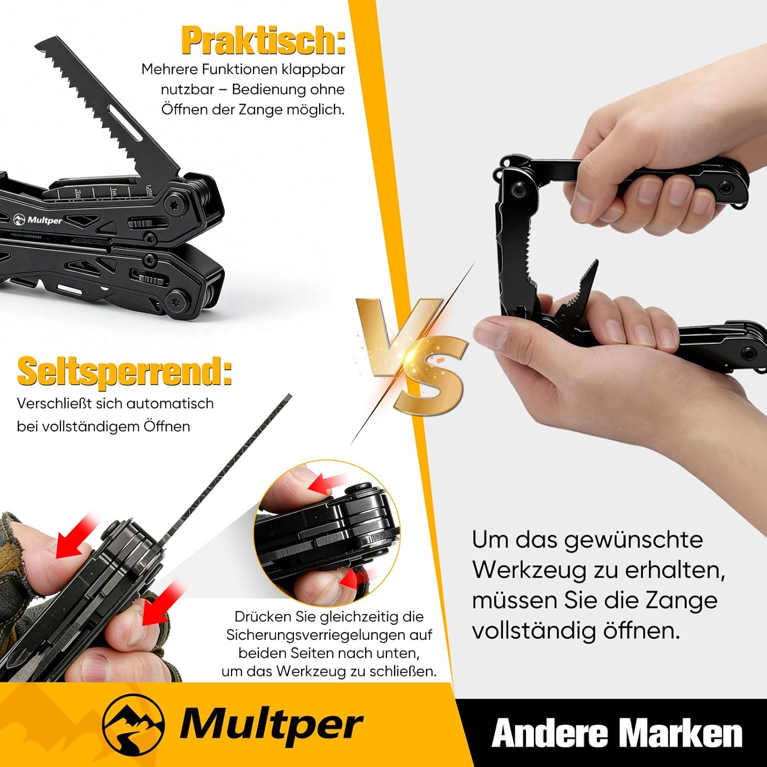 Multper Multitool Edelstahl Multifunktionswerkzeug mit EDC Taschenmesser Spitzzange Schraubendreher, DIY Outdoor Camping Wandern Survival Tool mit Tragetasche, Geschenk für Männer – Bild 5