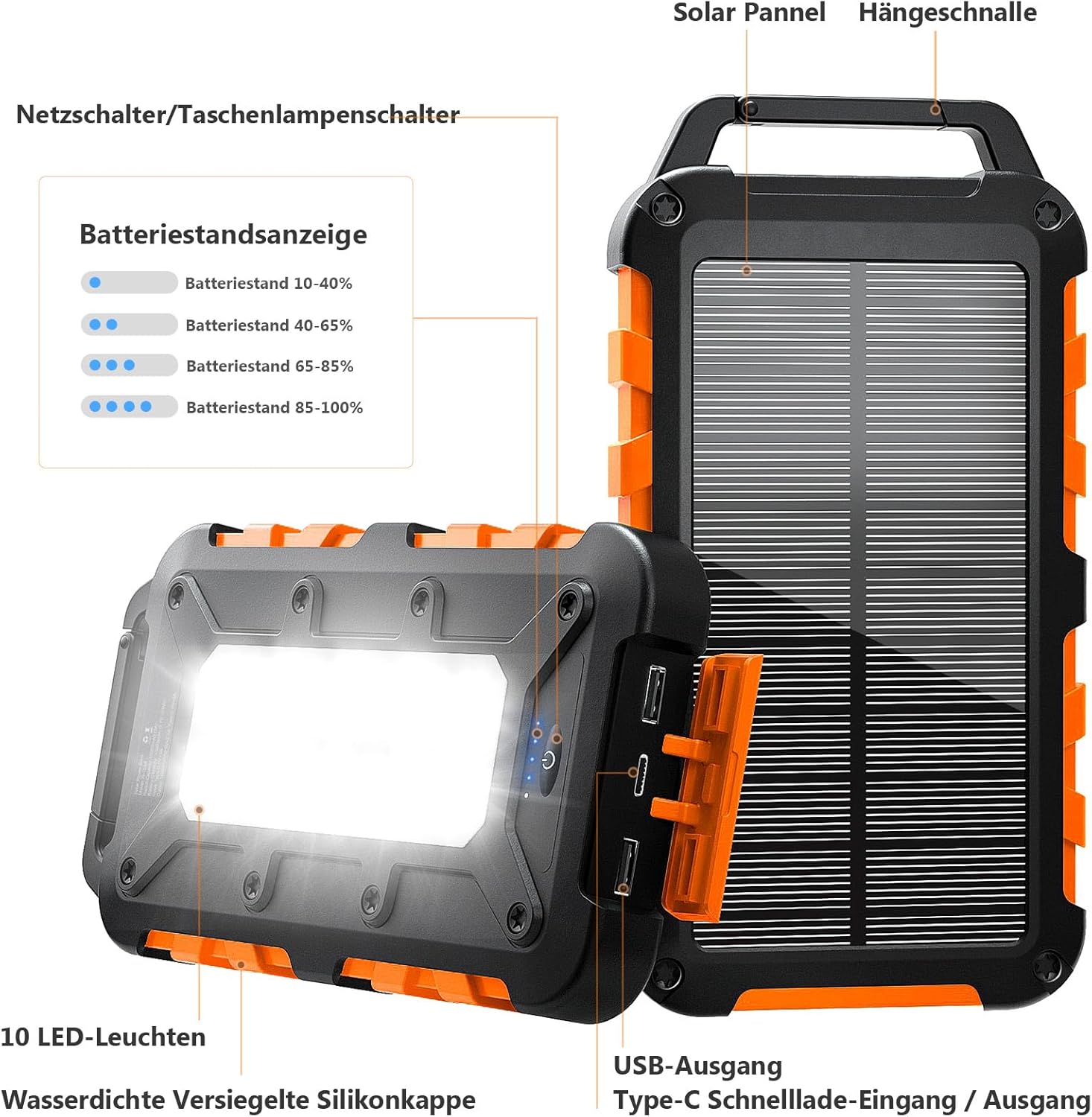 Solar Power Bank 10000 mAh PD 15 W Tragbares Solarladegerät USB C Outdoor Wasserdichter externer Akku mit LED-Licht und 3 Ausgängen für Tablets Smartphones Outdoor Camping Orange – Bild 9