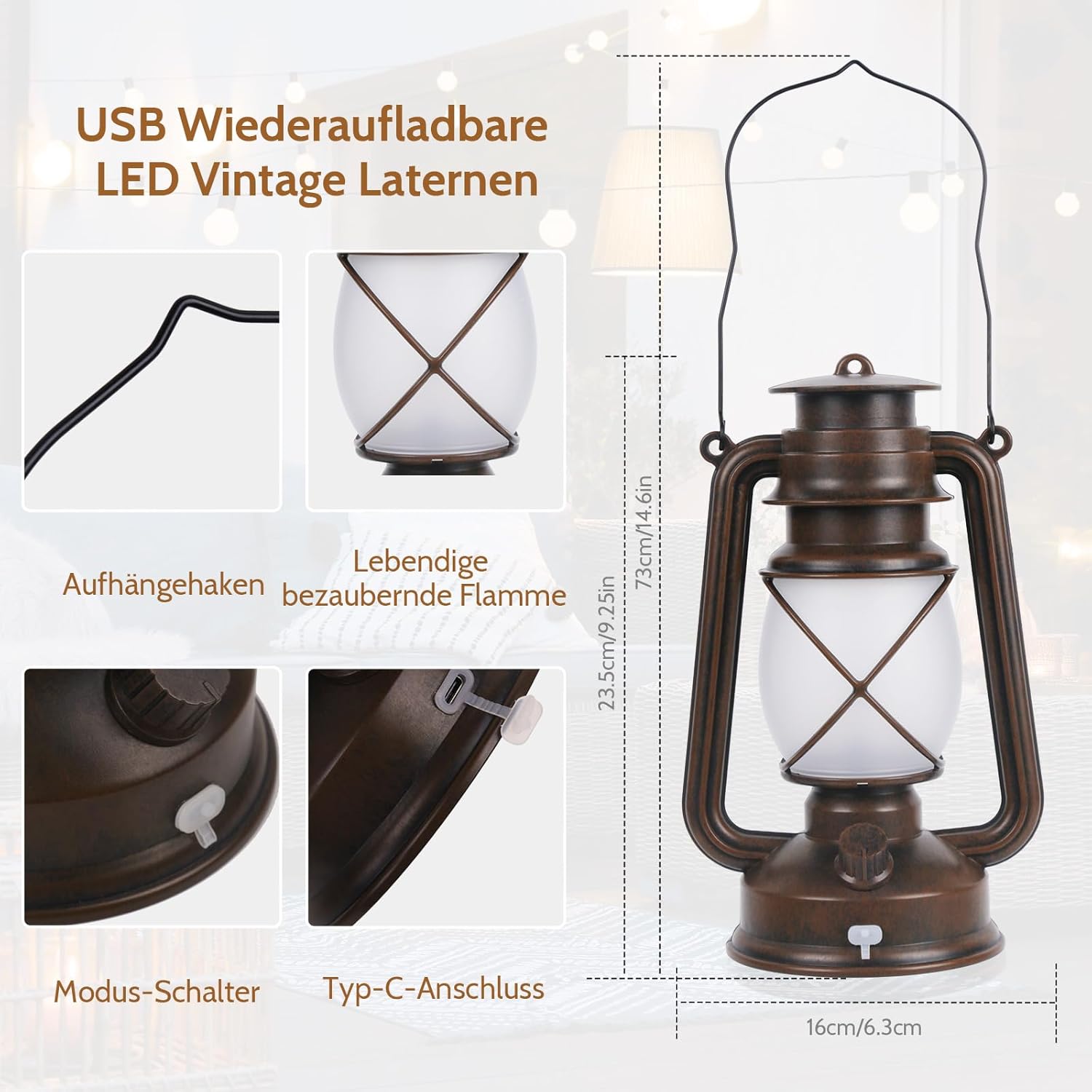 Shinmax LED-Laternen für den Außenbereich, 2er-Set, wiederaufladbare Retro-Gartenlaternen mit Flammeneffekt, USB-C, Fernbedienung, 4 Lichtmodi, IP65, zum Aufhängen und Aufstellen für Garten, Balkon, Terrasse – Bild 4