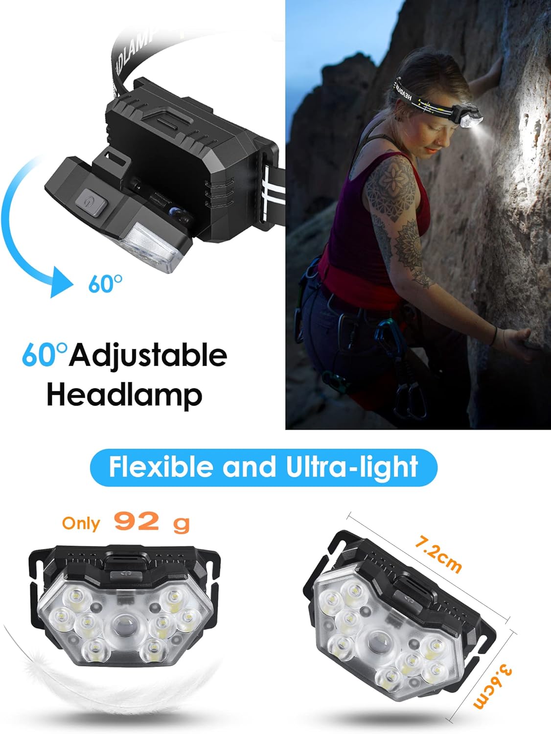LED-Stirnlampe, 2 Stück, 2000 Lumen Stirnlampe, batteriebetrieben mit 6 Lichtmodi, 6 AAA-Batterien im Lieferumfang enthalten – Bild 4