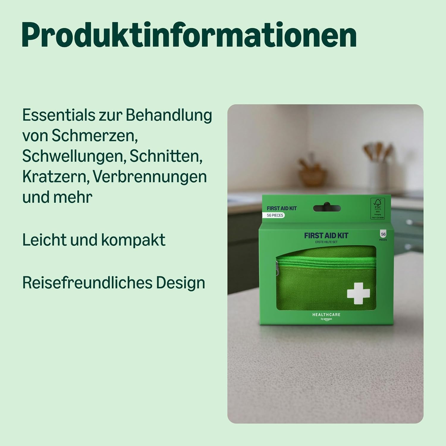 Healthcare by Amazon 56-teiliges Erste-Hilfe-Set, grün (ehemals ein markenidentisches Produkt von Amazon Basic Care) – Bild 3