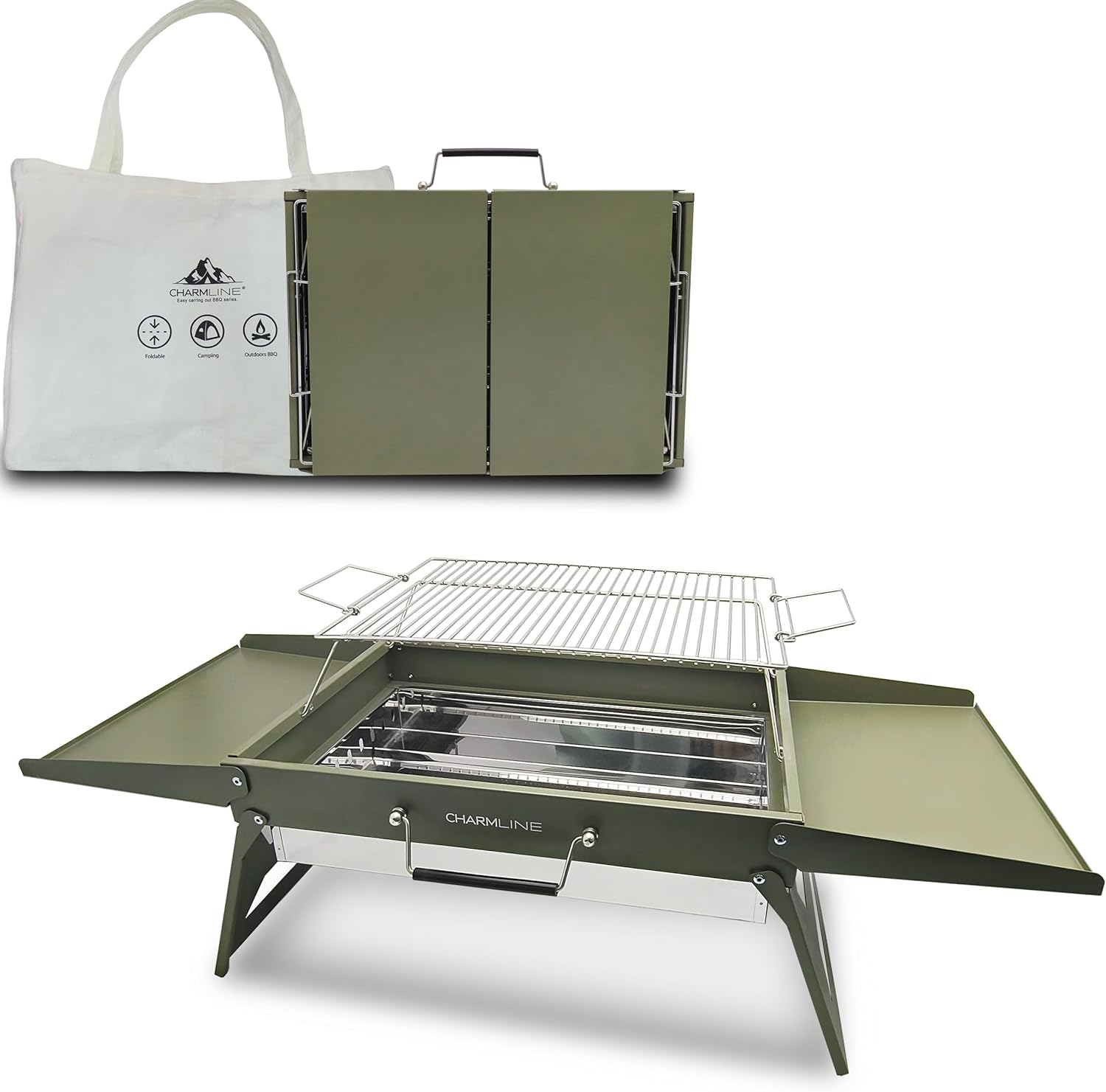 Charmline Tragbarer Holzkohlegrill, klappbarer Campinggrill 51 x 35 cm für 3–5 Personen, Picknickgrill, BBQ-Grill für Balkon, Garten, Camping, Picknick und Strand, grün