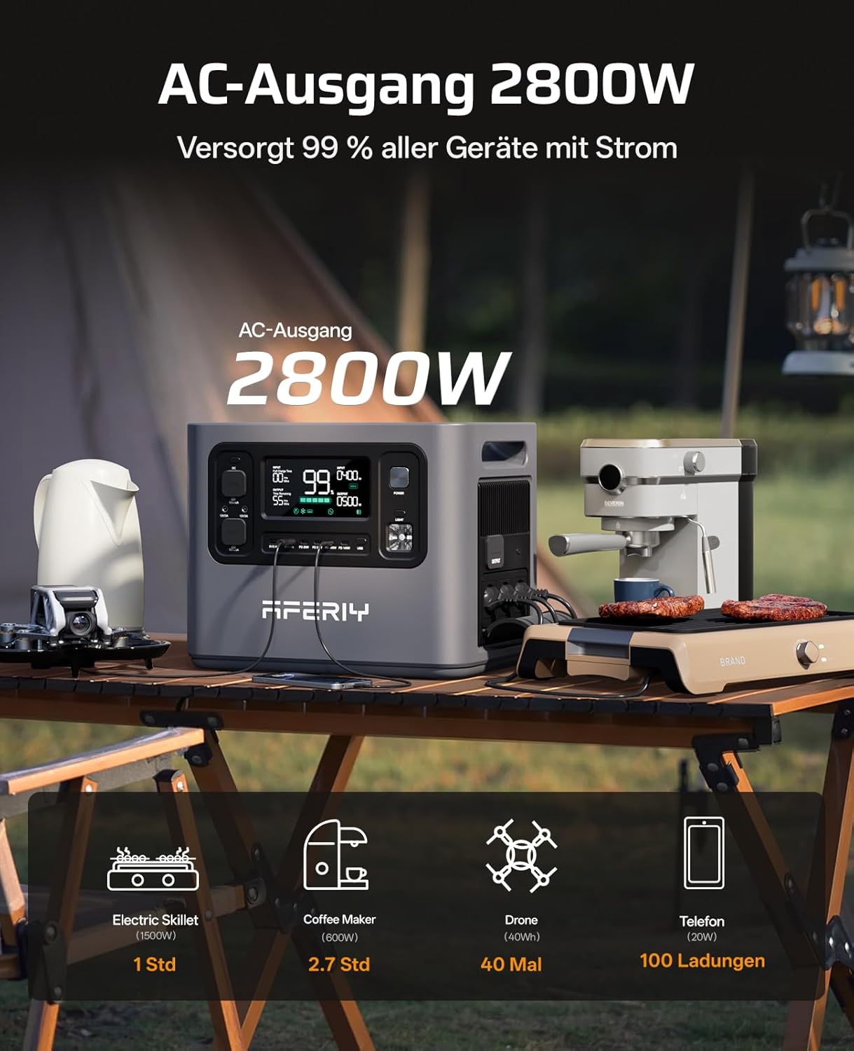 AFERIY 2048 Wh Tragbares Kraftwerk, 2800 W LiFePO4 in 1 Stunde Schnellladung, 13 Ausgänge, reine Sinuswelle 230 V, USV, erweiterbar auf 10,28 KWh, Solargenerator für Zuhause, Stromausfall, Reisen, Wohnmobil – Bild 2