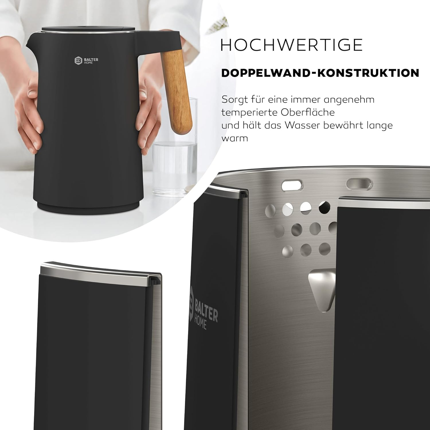 BALTER Edelstahl-Wasserkocher mit Temperatureinstellung, 45 °C – 100 °C, doppelwandig, BPA-frei, leise & kabellos, Warmhaltefunktion, Teebereiter mit Temperaturanzeige, 1,5 l, 2200 W, schwarz – Bild 3