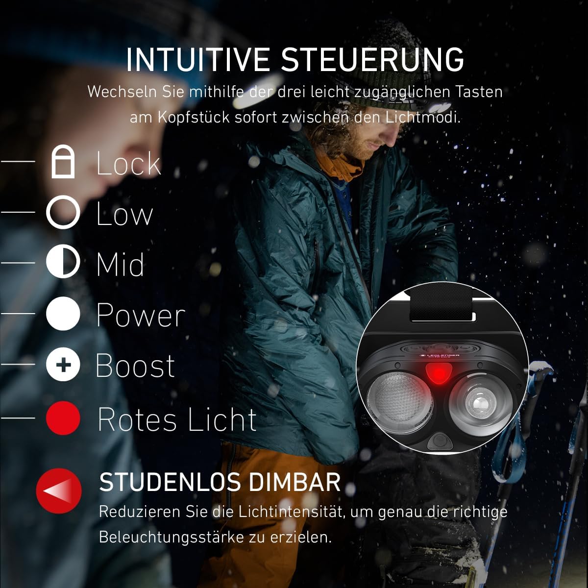 Ledlenser H19R Signature Premium LED-Stirnlampe, wiederaufladbar, rotes Licht, wasserdicht IP67, 4000 Lumen, Bluetooth-Fernbedienung, Leuchtweite 330 m, USB-Magnetladekabel, Helmhalterung, Outdoor-MTB – Bild 3