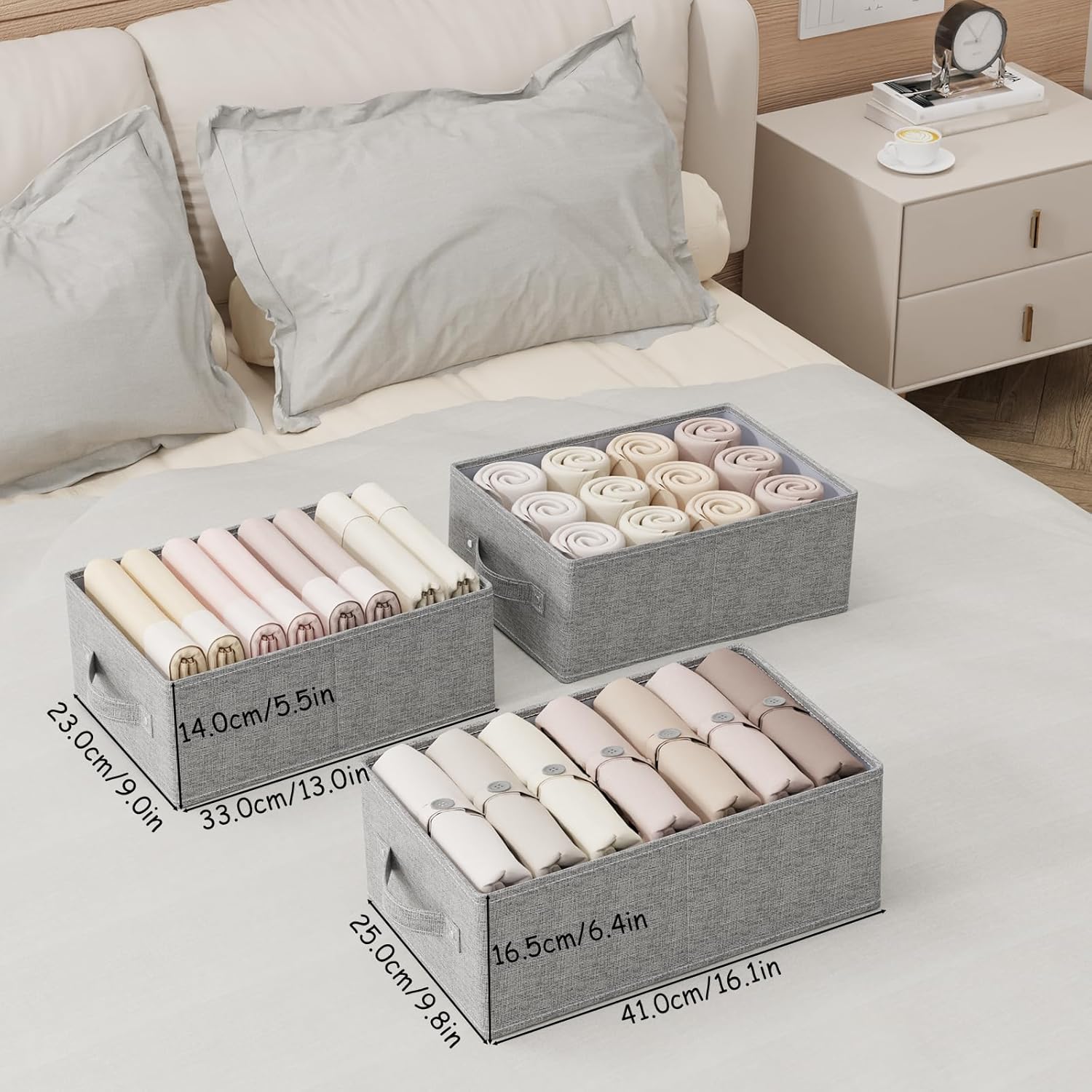 2 Stück Aufbewahrungskörbe für Regale, faltbare Stoff-Aufbewahrungsbox aus Leinen, Schubladen-Organizer-Box mit Griffen für Schrank, offene Stoffbehälter, 33 x 23 x 14 cm, grau – Bild 4