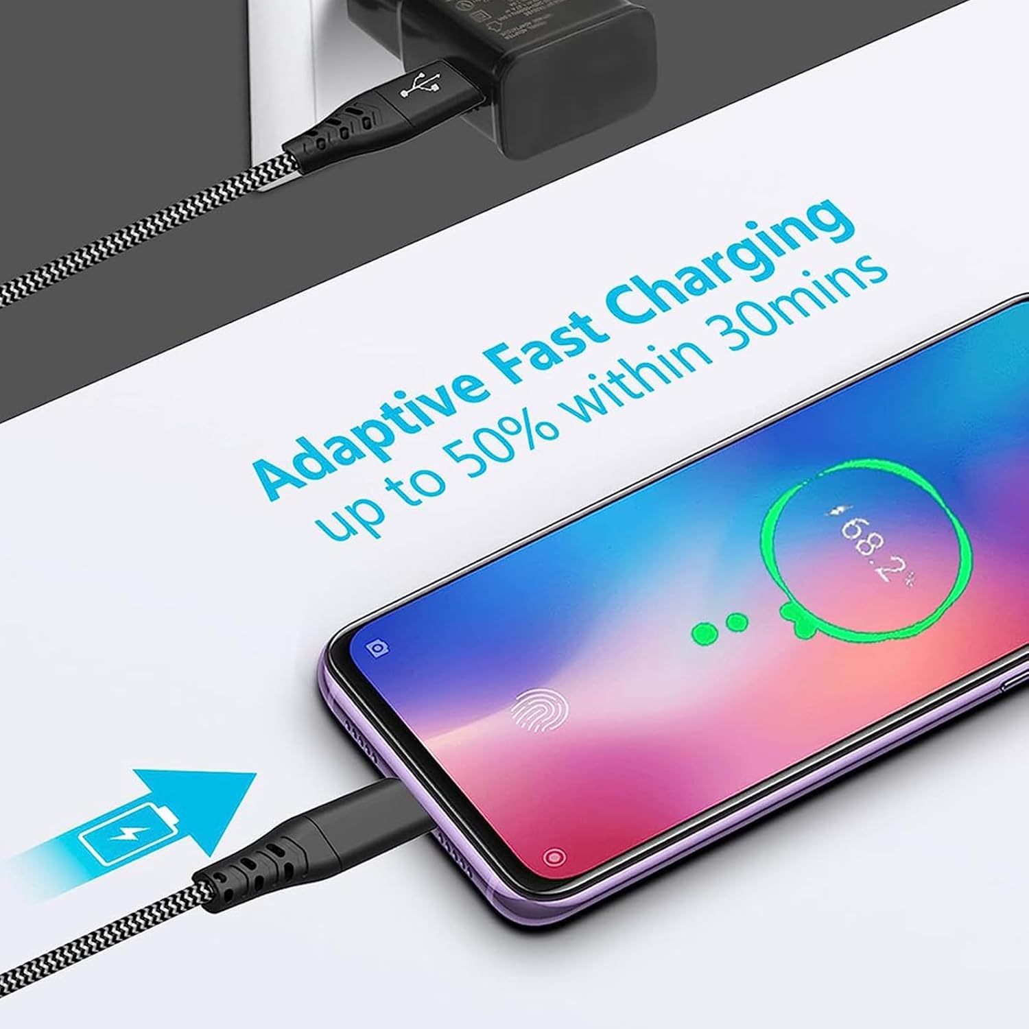 USB Ladegerät mit Nylon Ladekabel, USB C Schnellladekabel 2m für Samsung Galaxy S23 S22 S21 S20 FE S10 S9 S8 Plus A56 A55 A54 A53 A34 A16 A15 A14 A13 Z Fold3, Typ C Handy Schnellladegerät Netzteil – Bild 2