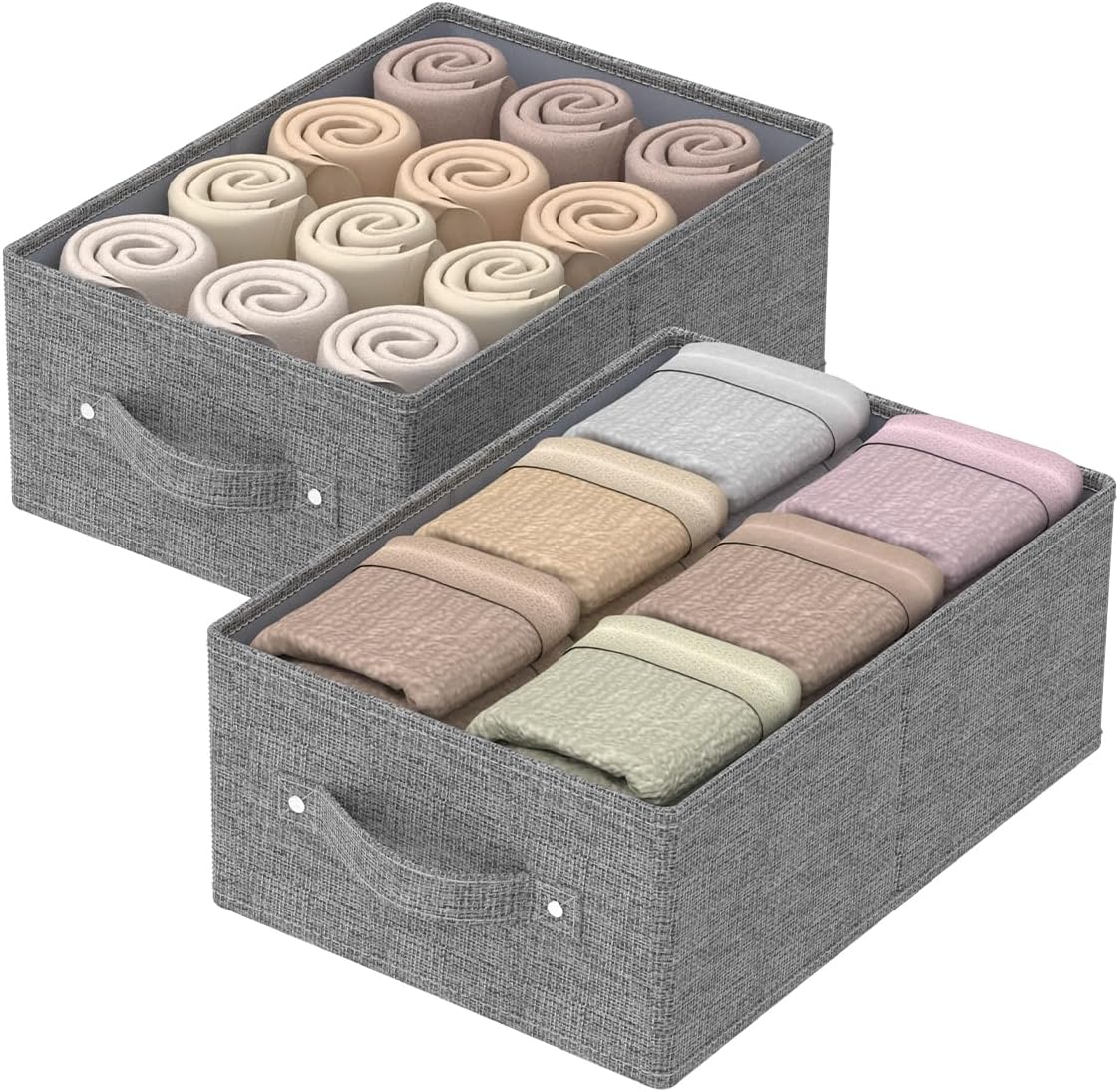 2 Stück Aufbewahrungskörbe für Regale, faltbare Stoff-Aufbewahrungsbox aus Leinen, Schubladen-Organizer-Box mit Griffen für Schrank, offene Stoffbehälter, 33 x 23 x 14 cm, grau