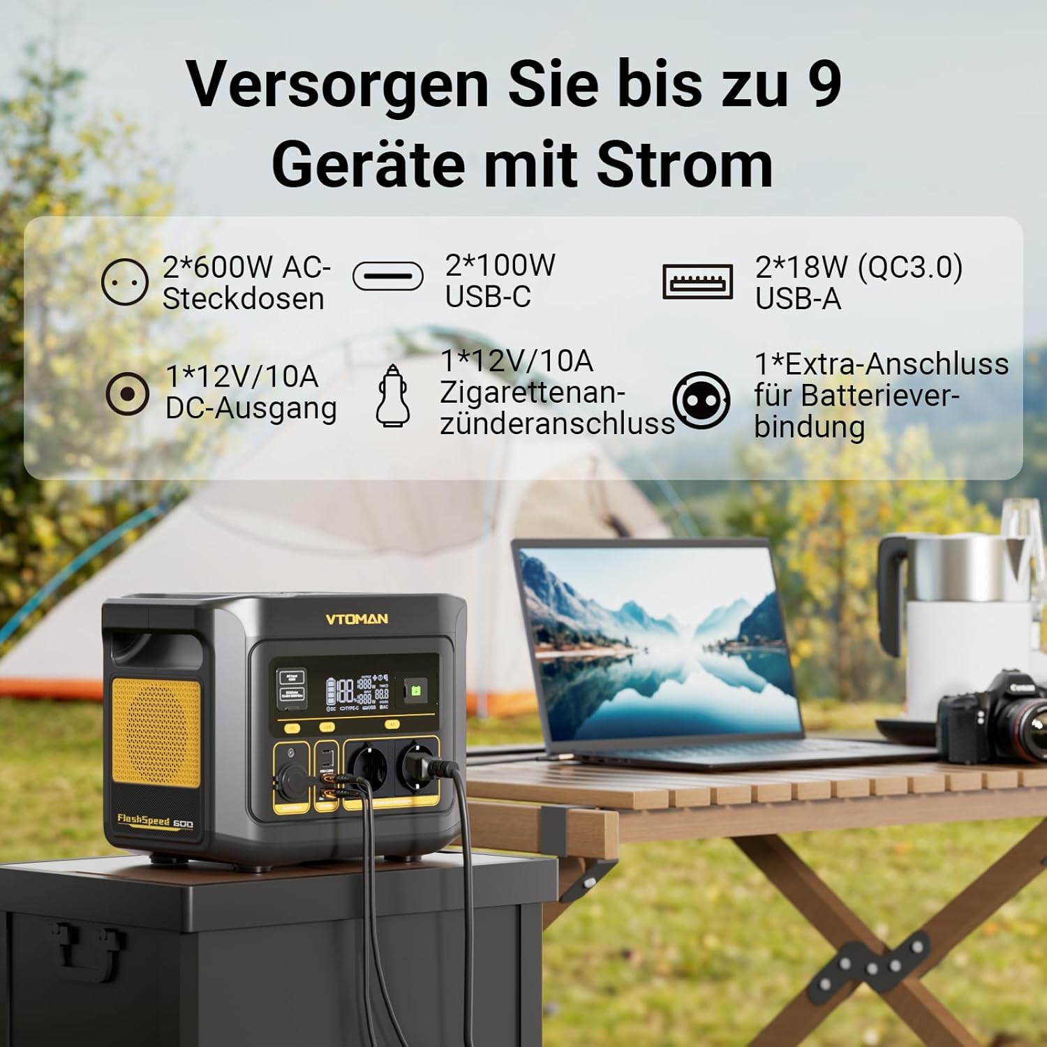 VTOMAN FlashSpeed 600 Tragbares Kraftwerk 600 W (Spitze 1200 W) – 499 Wh Solargenerator LiFePO4-Stromgenerator, mobiler Stromspeicher, 100 W USB-C, 60 Min. Schnellladung 0–80 % für Camping, Angeln, Wohnmobil – Bild 4