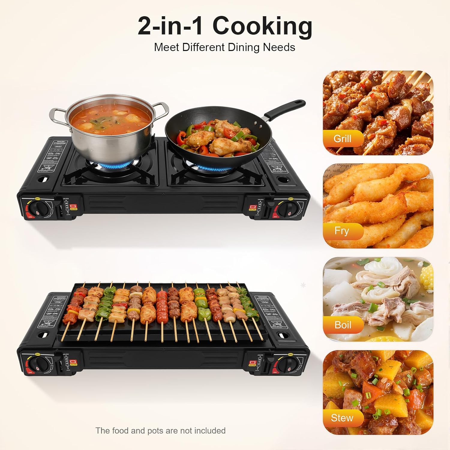 Gaskocher 2 Brenner 2 x 2500 W Gaskocher mit Grillplatte, Campingkocher 2 Brenner, Überdruckschutzventil, Campingkocher für Töpfe bis 34 cm – Bild 5
