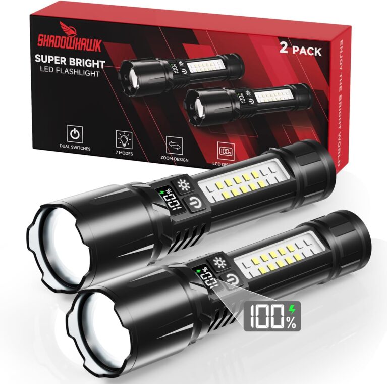 Shadowhawk 2er-Pack wiederaufladbare LED-Taschenlampe mit COB-Seitenlicht | Leicht und mit integriertem Akku – Taktische Taschenlampen mit 2 Schaltern und einem Ein-/Aus-Knopf, 7 Modi für Camping/Wandern/Notfall