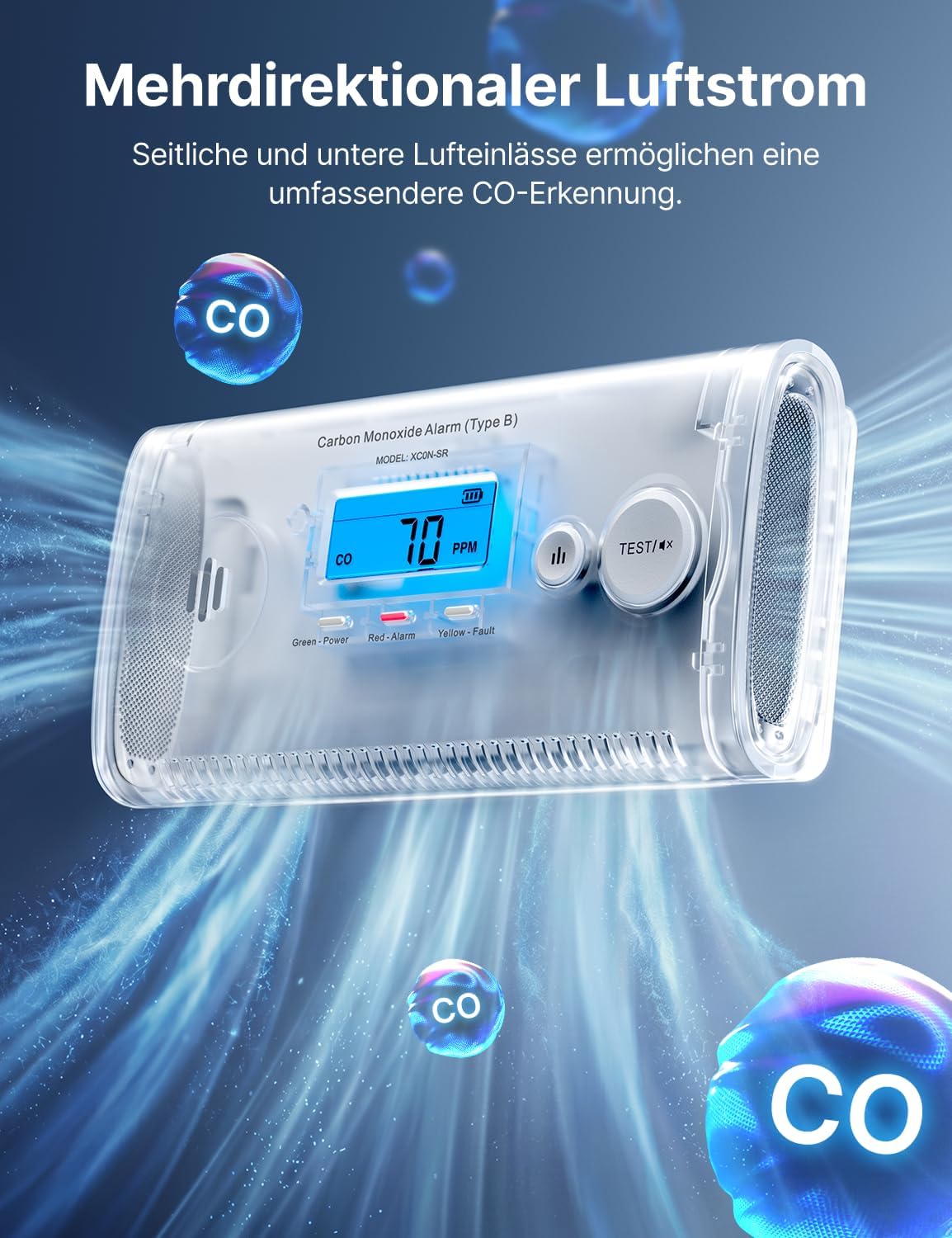X-Sense XC0N-SR Tragbarer Kohlenmonoxidmelder für Wohnmobile, CO-Melder mit austauschbaren Batterien, LCD-Display und Peak-Speicher, 1 Stück – Bild 4