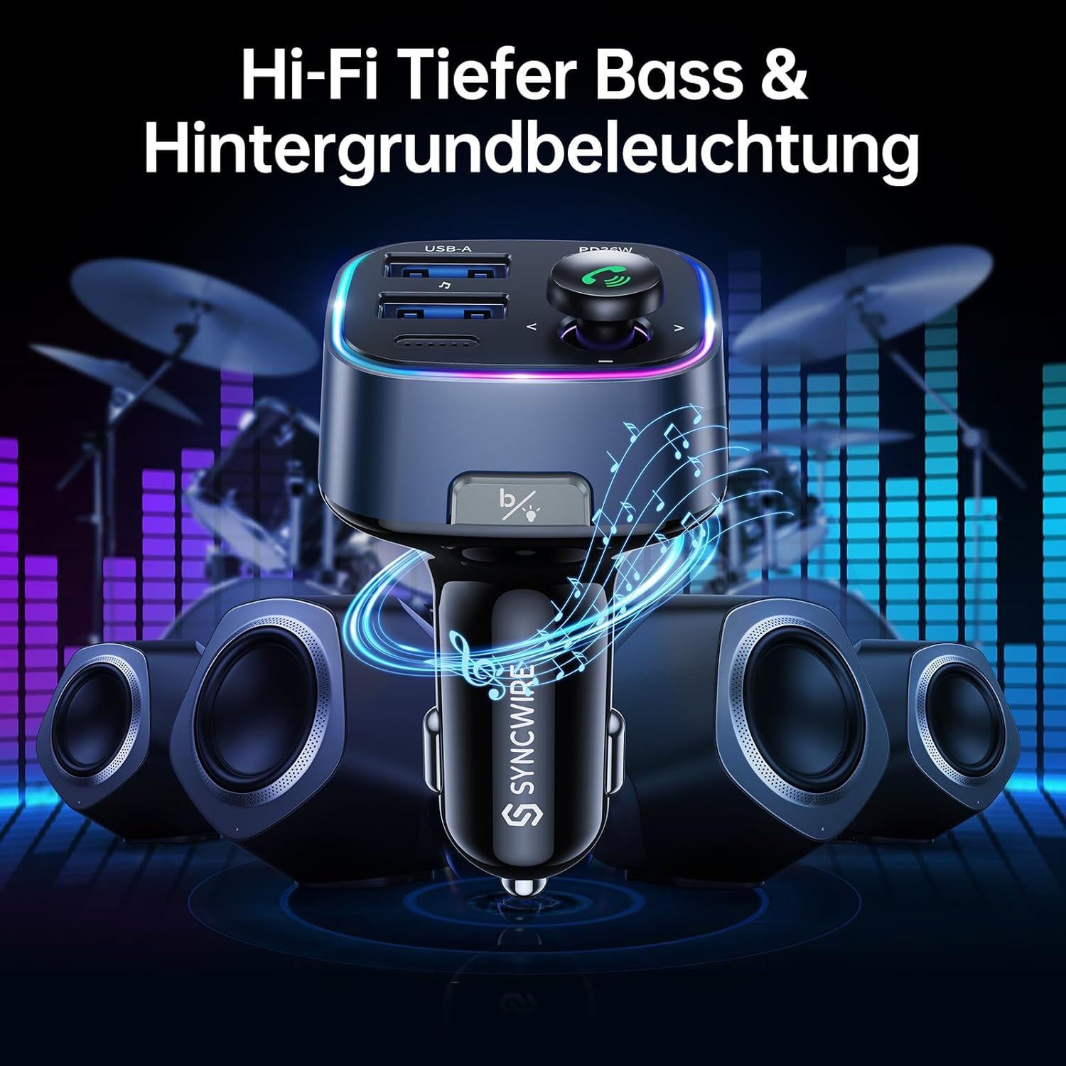 SYNCWIRE Bluetooth 5.3 FM-Transmitter-Autoladegerät 48 W (PD 36 W und 12 W), Dual-USB-Port-Ladegerät, Autoadapter, kabelloses Radio-LED-Display, unterstützt 64-GB-USB-Laufwerk, Lichtschalter, blau – Bild 5