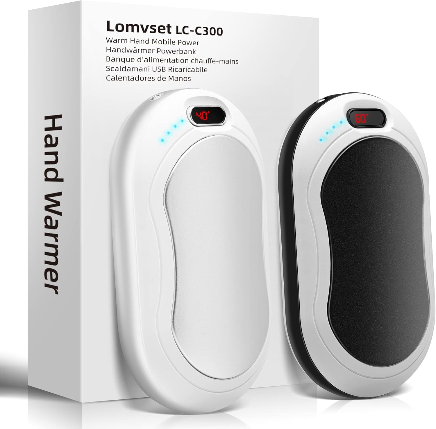Elektrische Handwärmer, 2er-Set, 10.000 mAh, Taschenwärmer, wiederverwendbar mit Digitalanzeige, Handwärmer, USB wiederaufladbare Powerbank, Wintergeschenk für Frauen und Kinder (Schwarz & Silber)