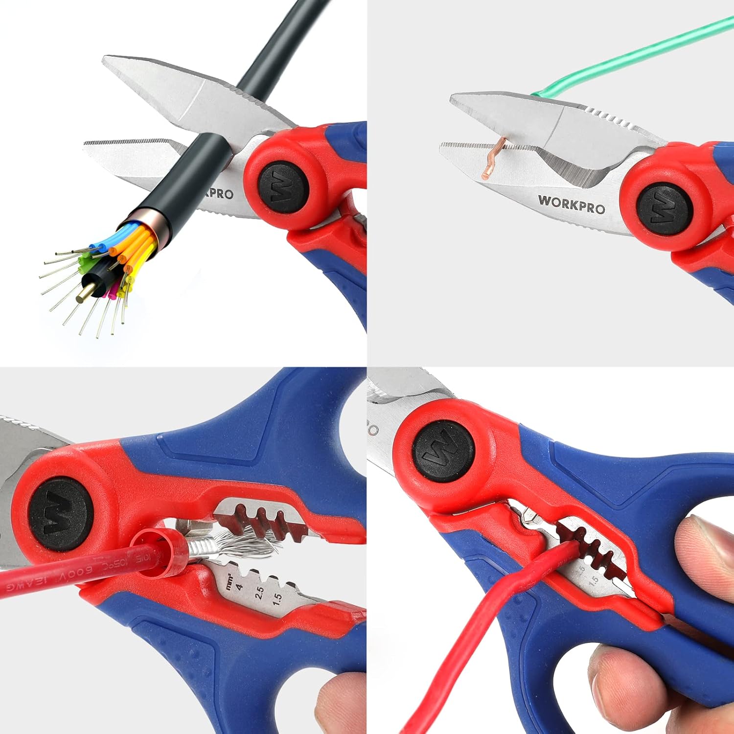 WORKPRO Elektrikerschere, Kabelschere, Universalschere, Multischere mit Abisolierzange, multifunktionale Edelstahlschere mit Gürtelclip, 163 mm, Universalschere – Bild 6