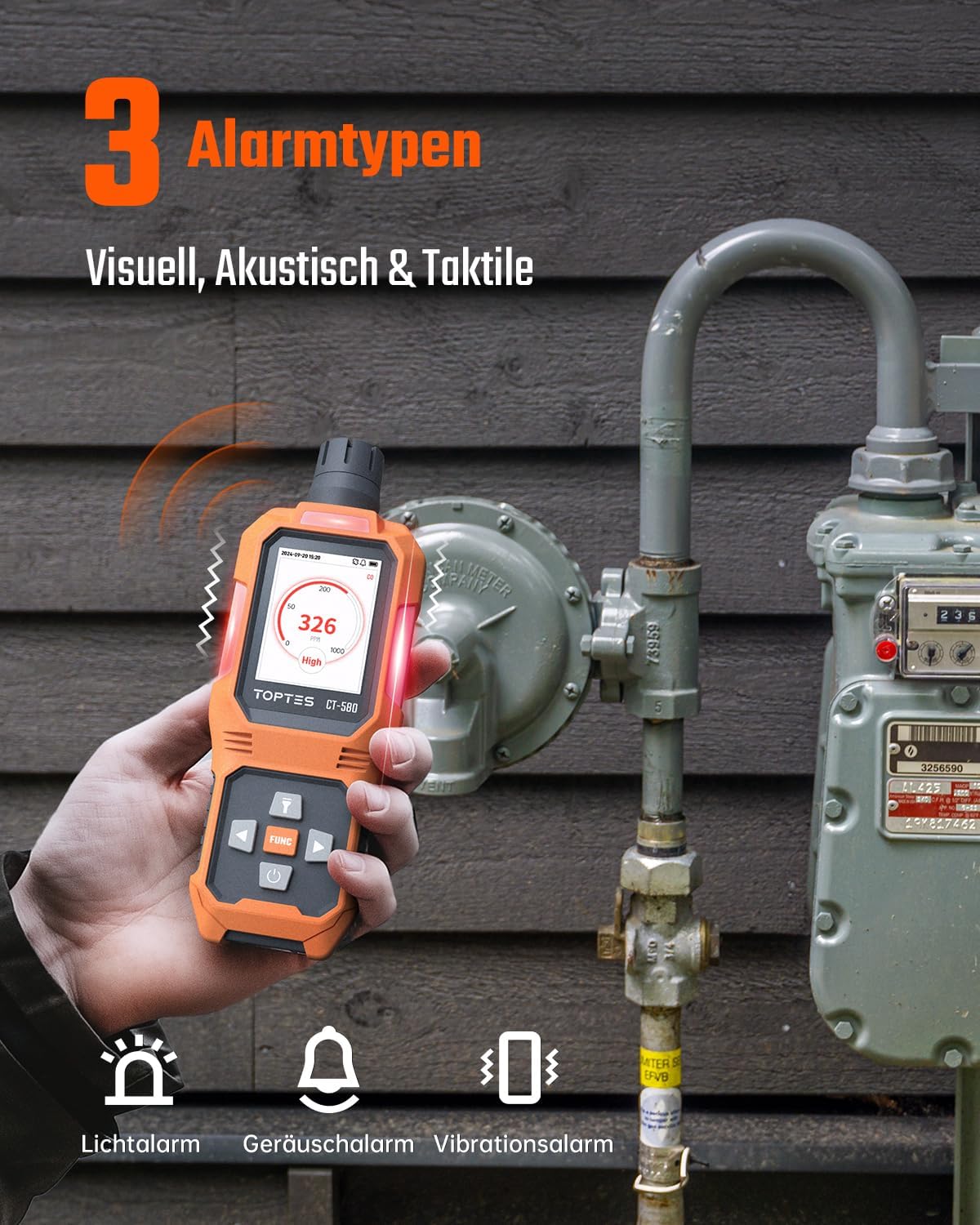 TOPTES CT-580 Kohlenmonoxidmelder, wiederaufladbarer CO-Melder mit Vibration, visuellen und akustischen Alarmen, tragbarer CO-Alarm, 0–1000 ppm, TFT-Farbdisplay für Zuhause, Auto, Camping und Reisen – Bild 5