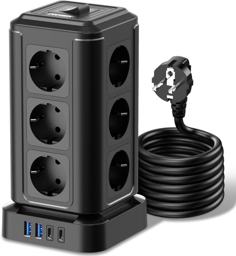 TOPREK Mehrfachsteckdose, 12-Fach Steckdosenleiste mit 4 USB, 20W USB C Schnellladung, 3680W/16A Steckdosenleiste, Mehrfachsteckdose Steckdosenturm mit Schalter für Büro, Küche, Tisch, 2m Kabel