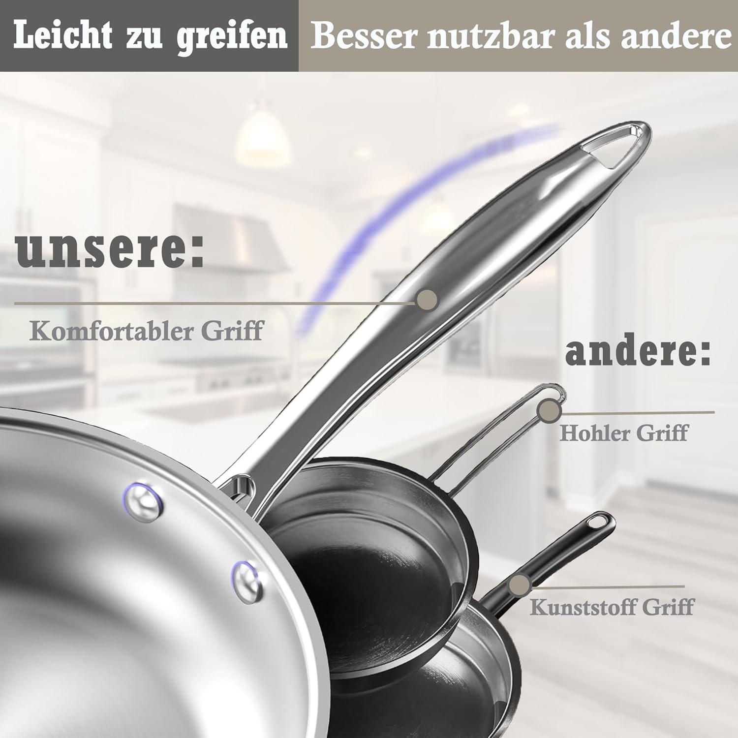 6-teiliges Kochtopf- und Pfannenset aus Edelstahl, antihaftbeschichtetes Kochgeschirrset, geeignet für Induktions-, Elektro- und Gasherde, antihaftbeschichtet, ofen- und spülmaschinenfest – Bild 3