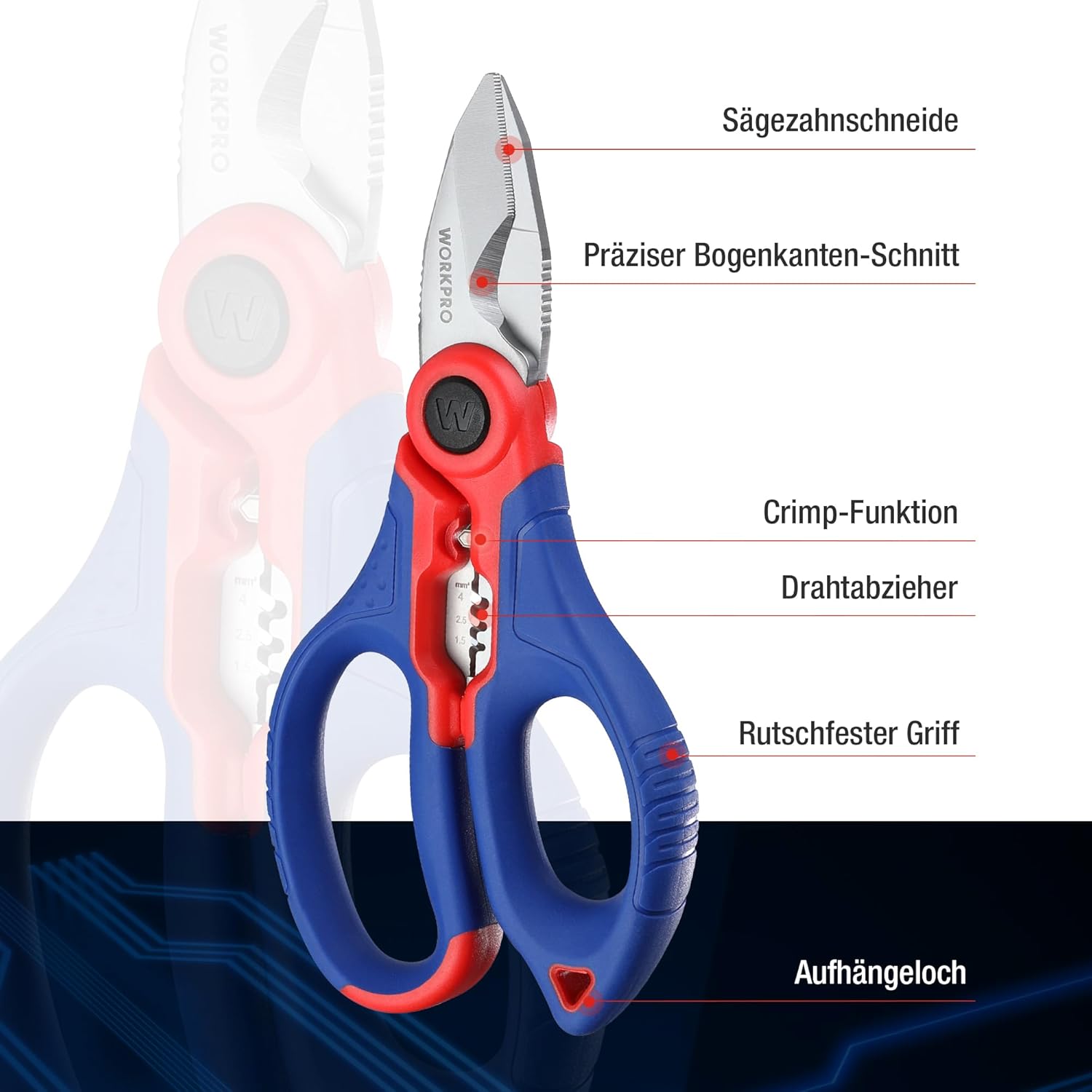 WORKPRO Elektrikerschere, Kabelschere, Universalschere, Multischere mit Abisolierzange, multifunktionale Edelstahlschere mit Gürtelclip, 163 mm, Universalschere – Bild 2