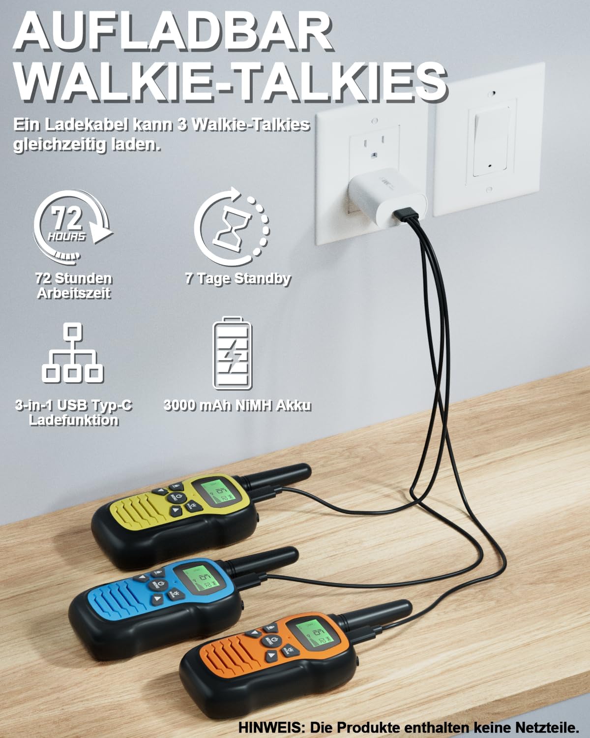 Walkie Talkie, Walkie Talkie wiederaufladbar für Kinder mit 16 Kanälen, 3er-Set, Radio mit VOX-Funktion, LED-Taschenlampe, 3 Meilen lange Distanz für Wandern, Camping, Abenteuer – Bild 3