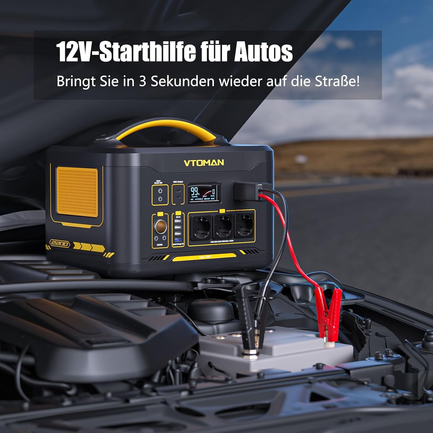 VTOMAN Jump 2200 Tragbares Kraftwerk mit Überbrückungskabel – 1548 Wh/2200 W (Spitze 4400 W) LiFePO4-Akku mit erweiterbarer Kapazität auf 3096 Wh für die sichere Rettung von Fahrzeugen im Notfall – Bild 2
