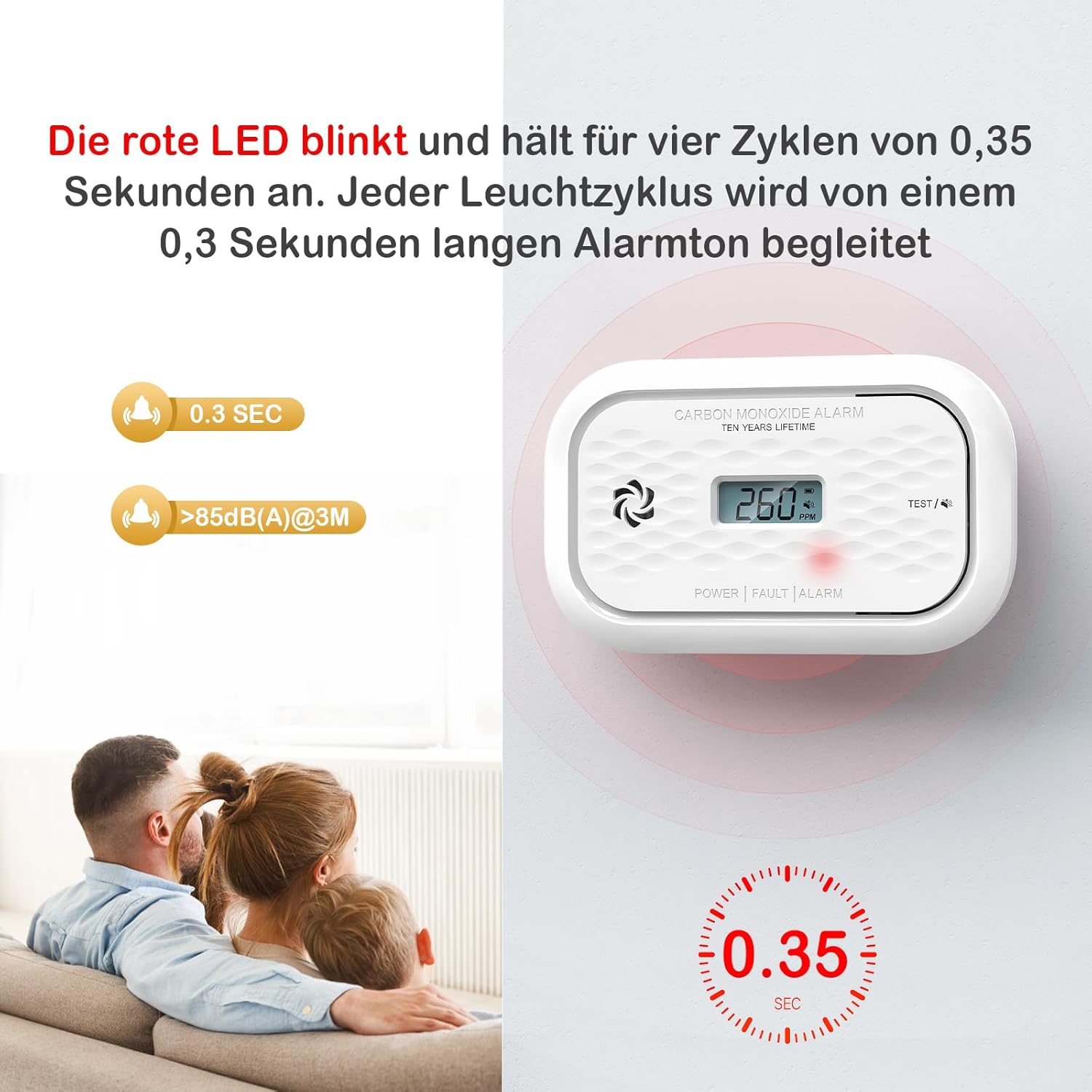 ZA326 H01 Kohlenmonoxidmelder, 10-Jahres-Batterie, tragbarer CO-Melder mit LCD-Display, zertifiziert nach EN 50291, 85 dB Alarmlautstärke, 1 Stück – Bild 6