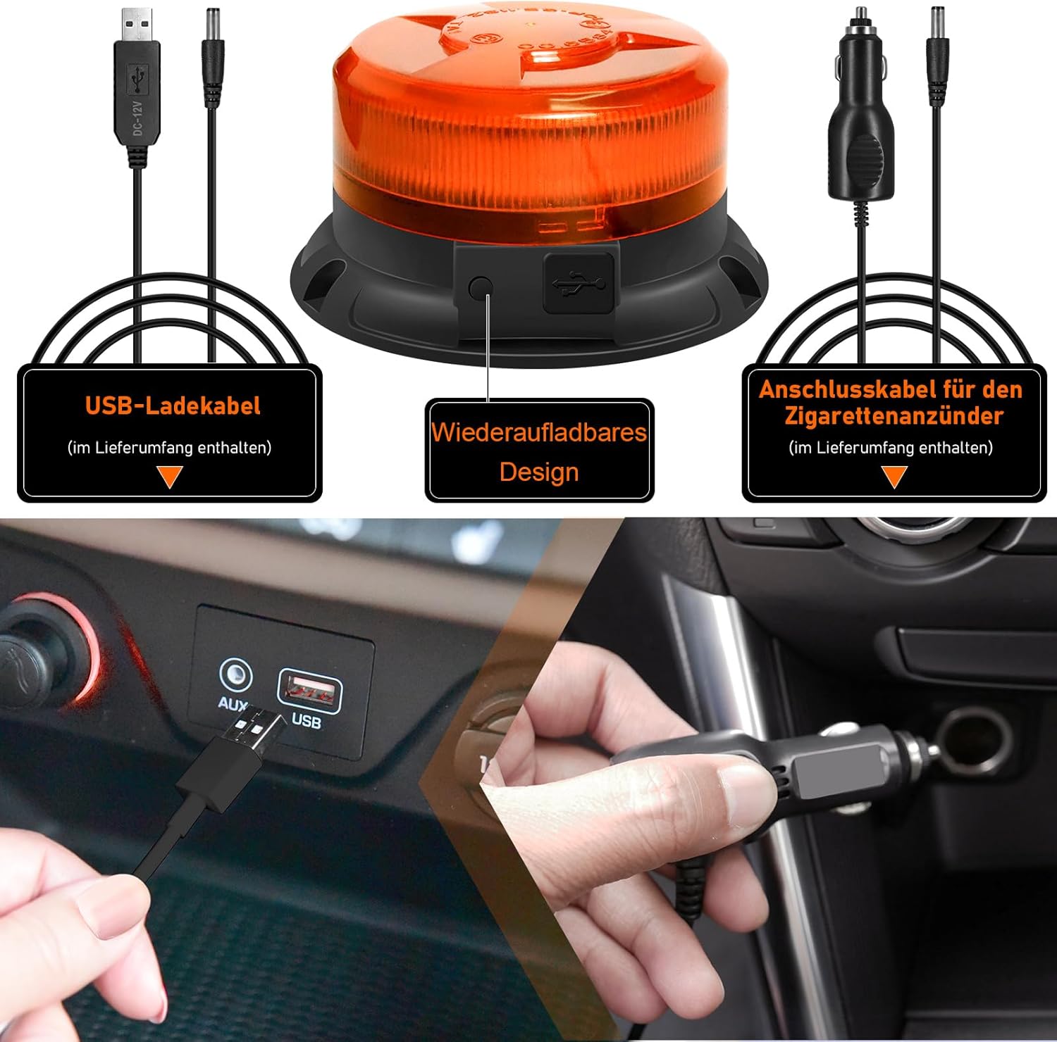 Dinfu Rundumleuchte, Akku mit Fernbedienung, 12 V, gelber Warnlichtmagnet, 9 Modi, Warnlicht mit Autoladekabel und USB-Kabel für Auto, LKW, Traktor, SUV, J-eep – Bild 7