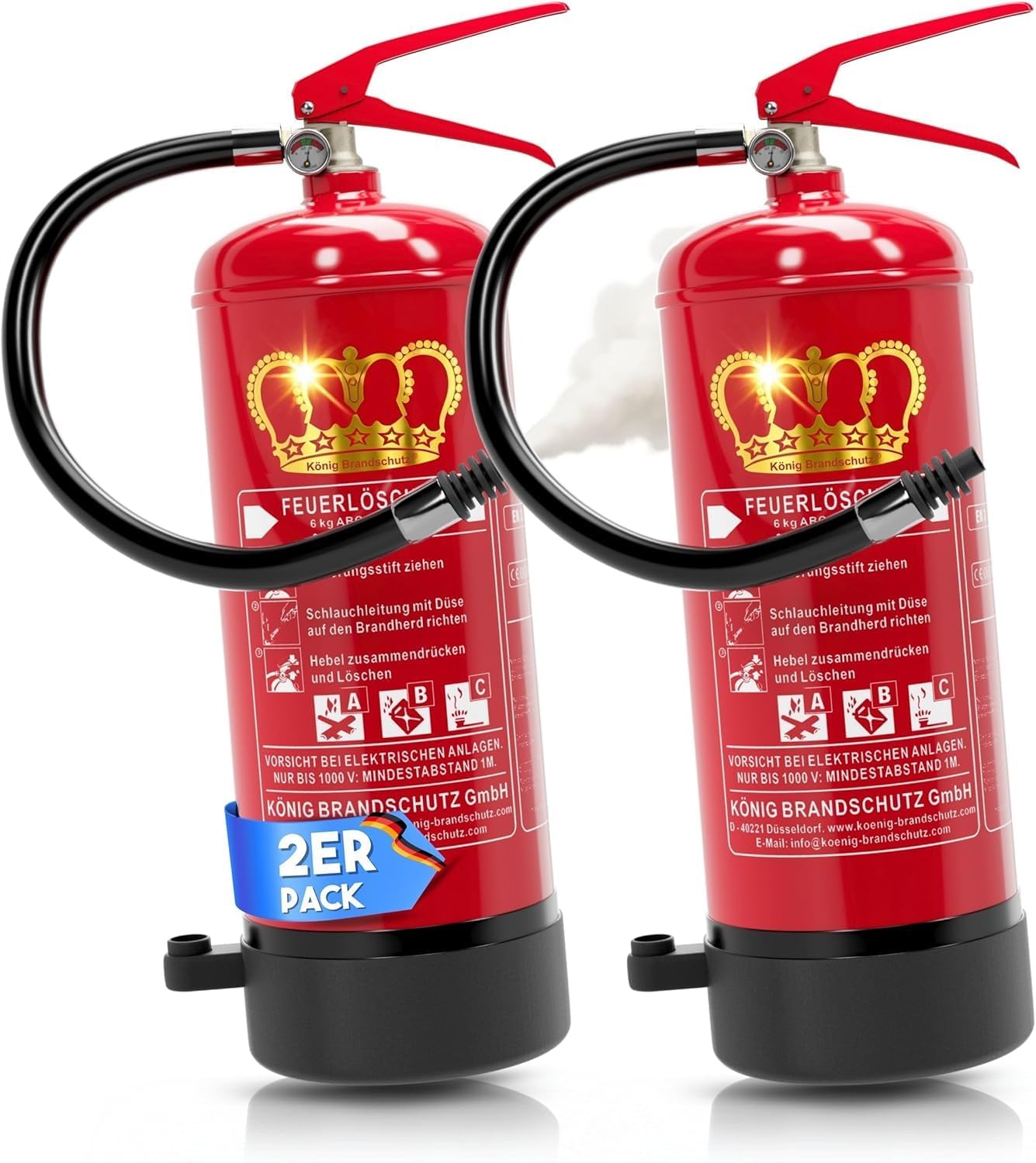 King Feuerlöschpulver, 6 kg, geeignet für die Brandklassen ABC, nach DIN EN3, Dauerdruck 10 LE, inkl. Wandhalterung mit Manometer (2 x Pulver 6 kg), 2 Stück