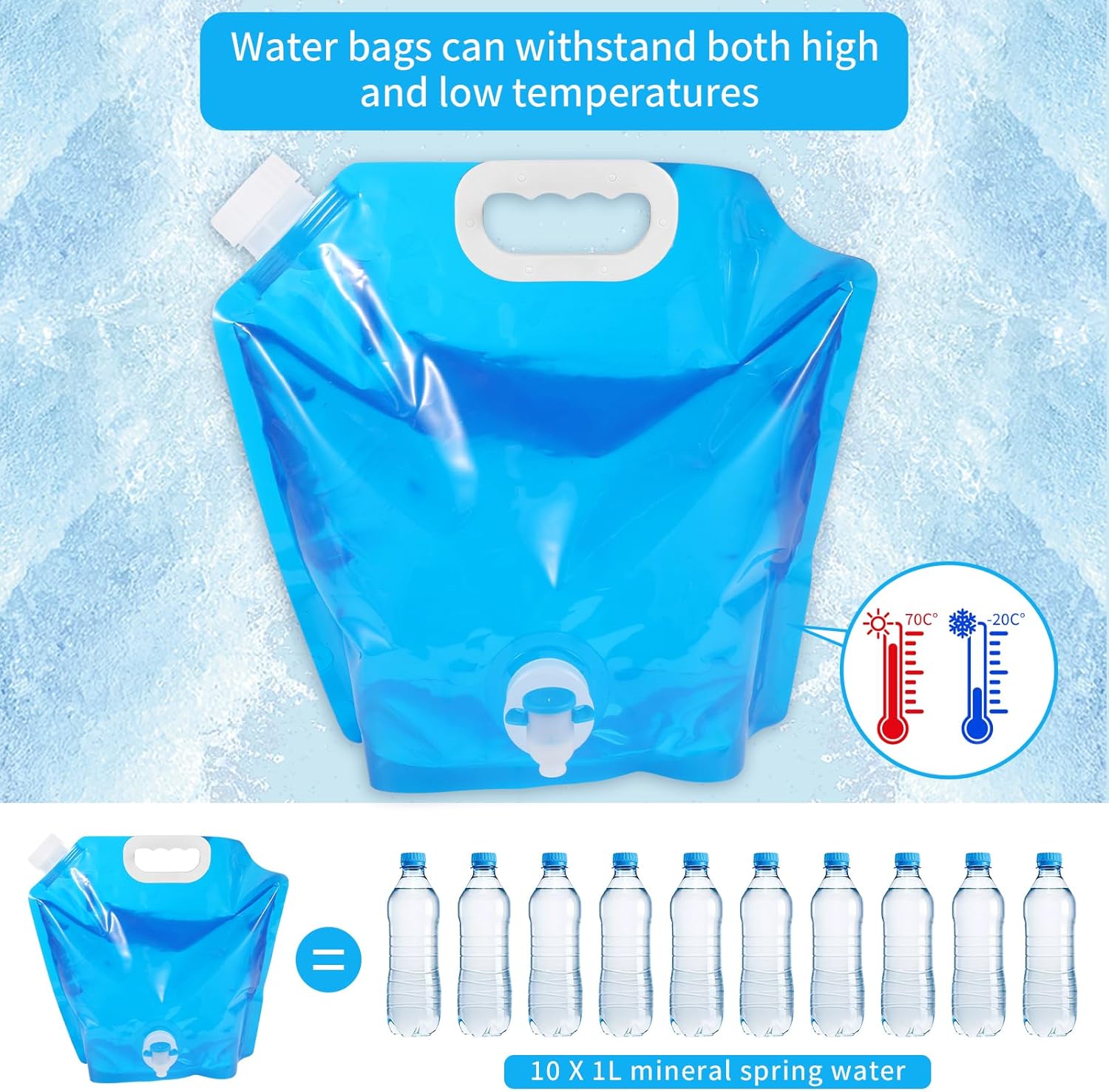 10L faltbarer Wasserkanister mit Wasserhahn, 4 Stück flexible Wasserbehälter, tragbare faltbare Trinkflasche, faltbare Wasserflasche, BPA-freier Wasserbeutel für Camping, Wandern und Wasserspeicherung zu Hause – Bild 5