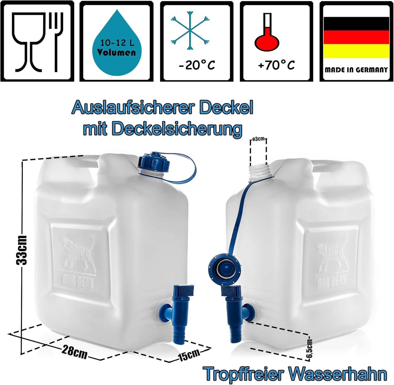 BigDean Wasserkanister 12L Trinkwasserbehälter, Trinkwasserkanister mit Wasserhahn, lebensmittelecht, geeignet für 10-12 Liter, -20 - +70 Grad Celsius Reisekanister – Bild 6