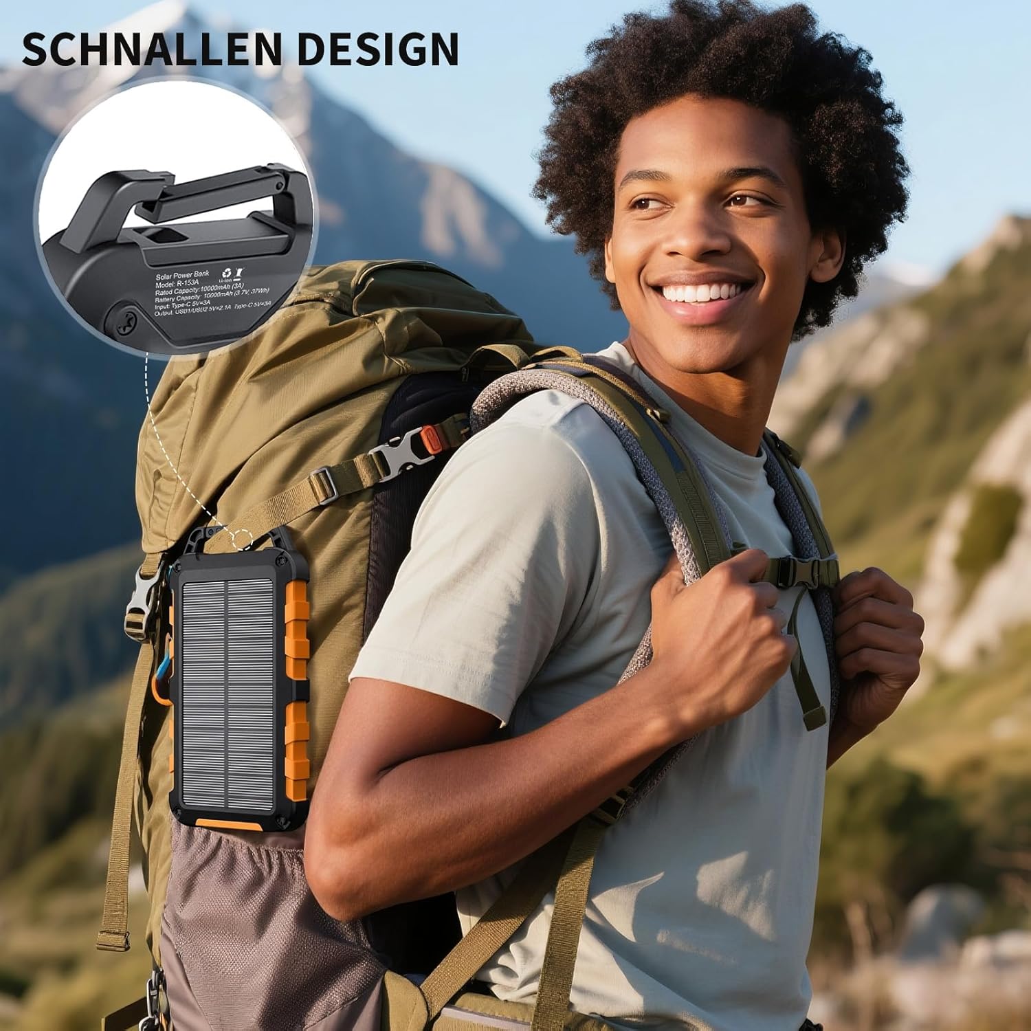 Solar Power Bank 10000 mAh PD 15 W Tragbares Solarladegerät USB C Outdoor Wasserdichter externer Akku mit LED-Licht und 3 Ausgängen für Tablets Smartphones Outdoor Camping Orange – Bild 7