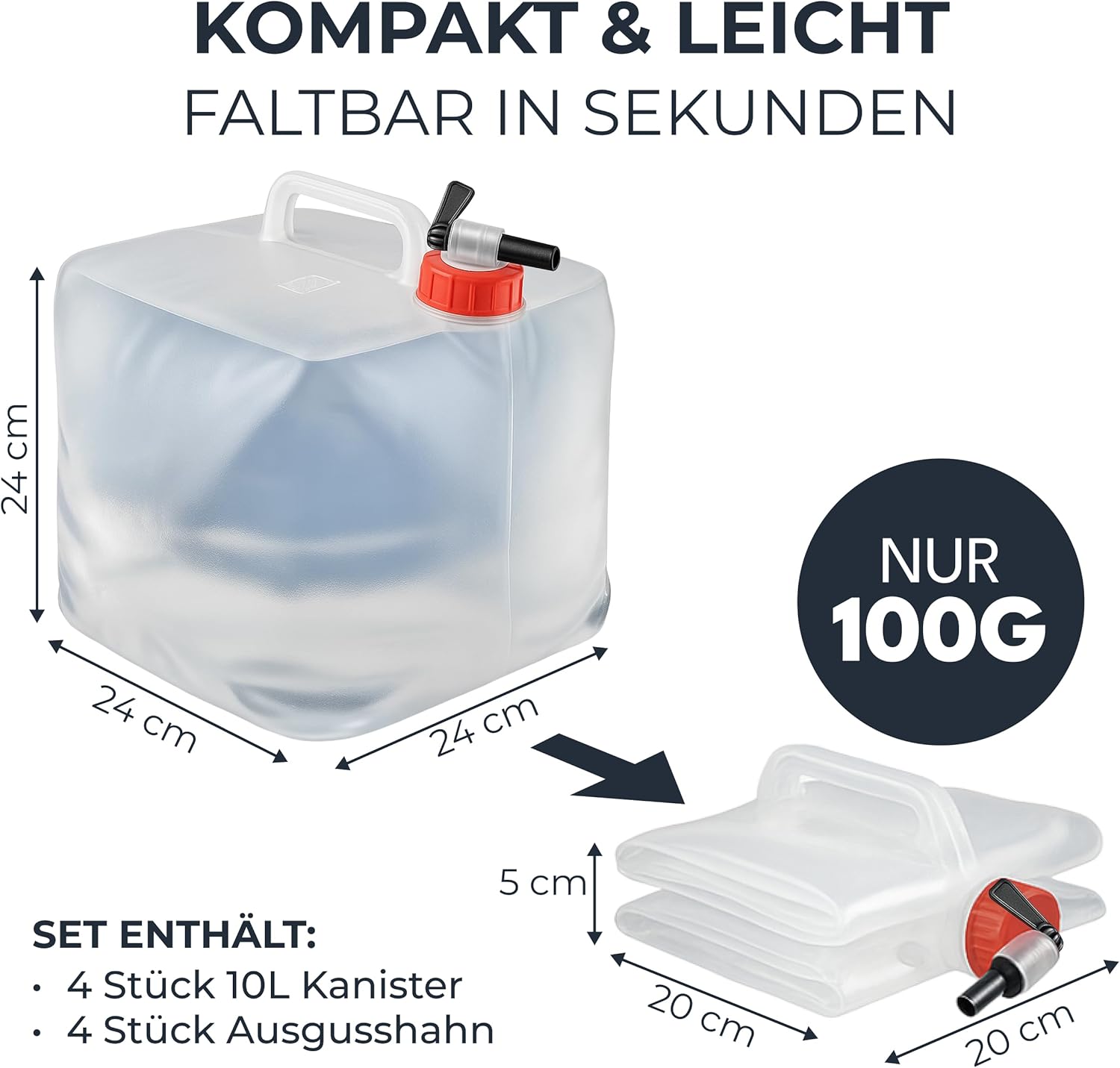 4 Stück faltbare 10 L Wasserkanister mit praktischem Ausgießhahn, Tragegriff und Schraubdeckel, 100 % auslaufsicher, für Camping, Outdoor etc. – Bild 3