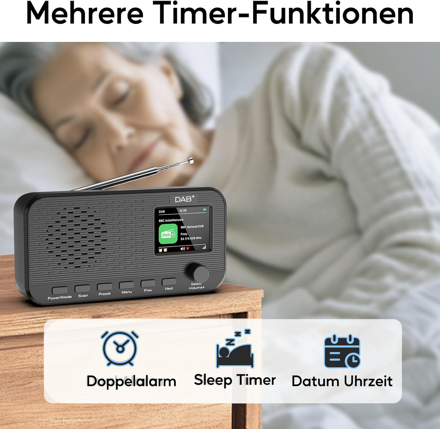 DAB-Radio mit Bluetooth, wiederaufladbares UKW-Digitalradio, Radios batteriebetrieben, tragbares DAB+-Radio, Küchenradio mit 80 Voreinstellungen, 2,4-Zoll-Farbdisplay, Dual-Wecker, Sleep-Timer – Bild 6